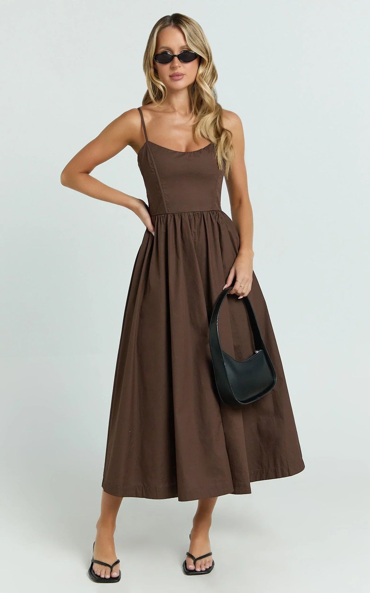 Braelyn Midi Dress - Scoop Neck Flare Dress in Chocolate