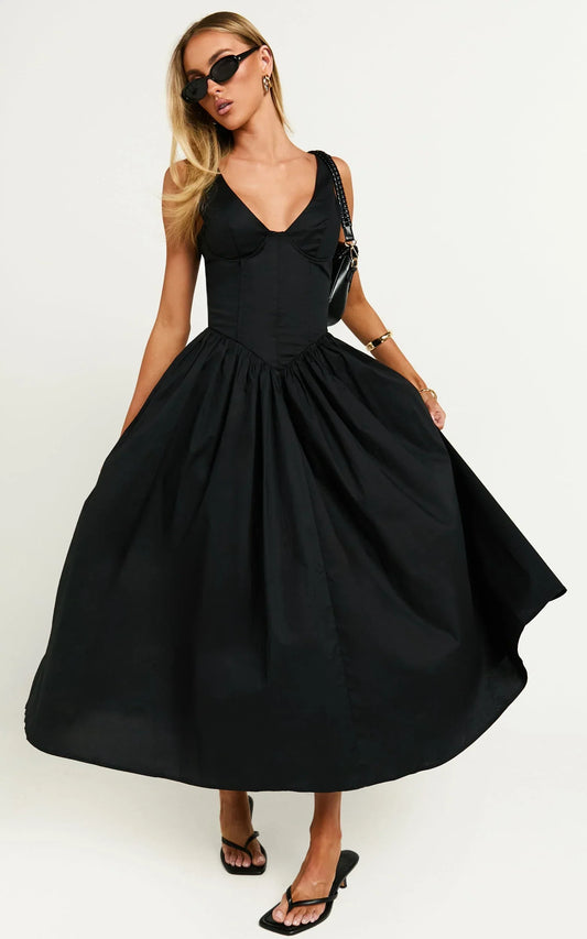 Beckett Midi Dress - Scoop Neck Drop V Waist Gathered Skirt Dress in Black