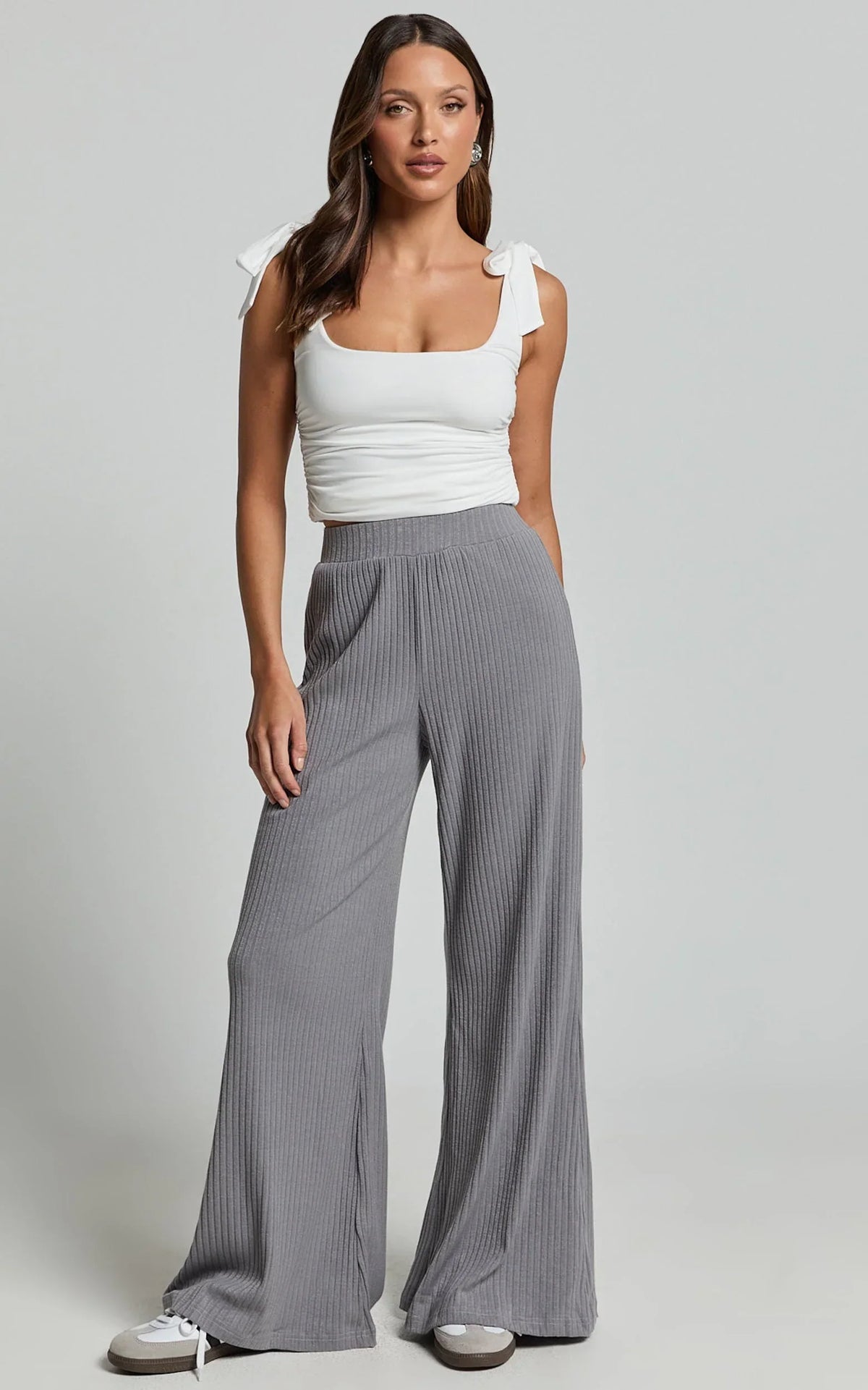 Adriana Pants - Ribbed High Waist Wide Leg Pants in Slate Grey