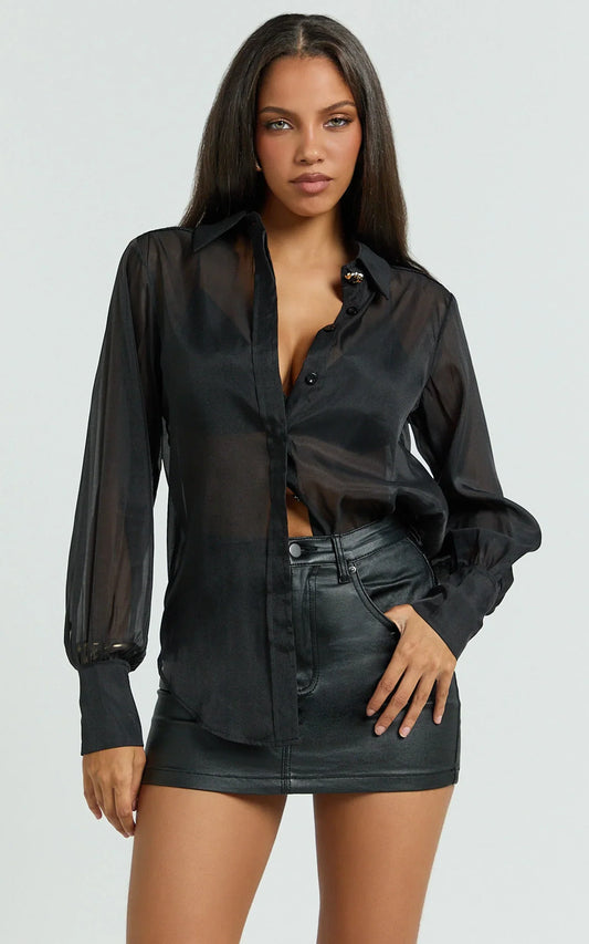 Alvana Shirt - Organza Gold Hardware Feature Button Blouse Shirt in Black