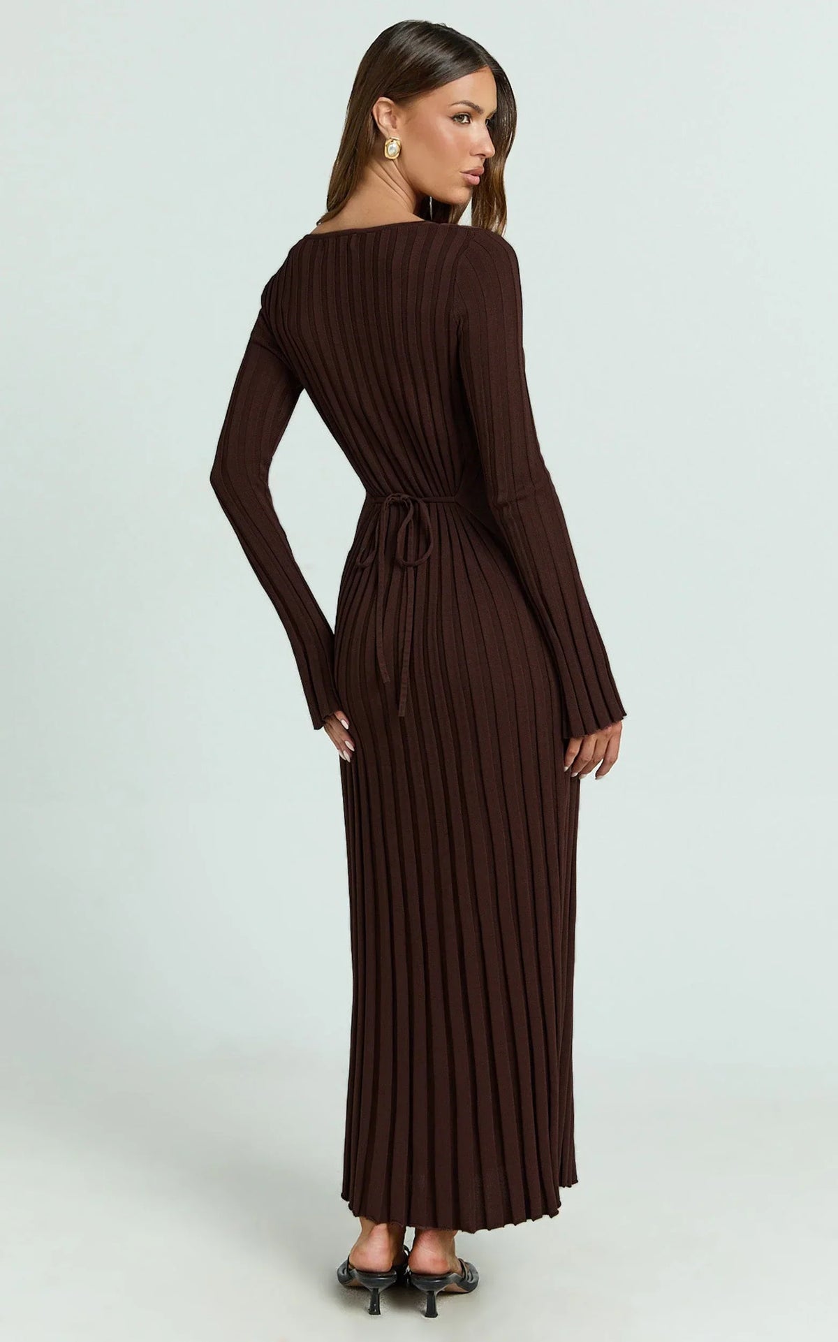 Astra Maxi Dress - V Neck Long Sleeve Knit Dress in Chocolate