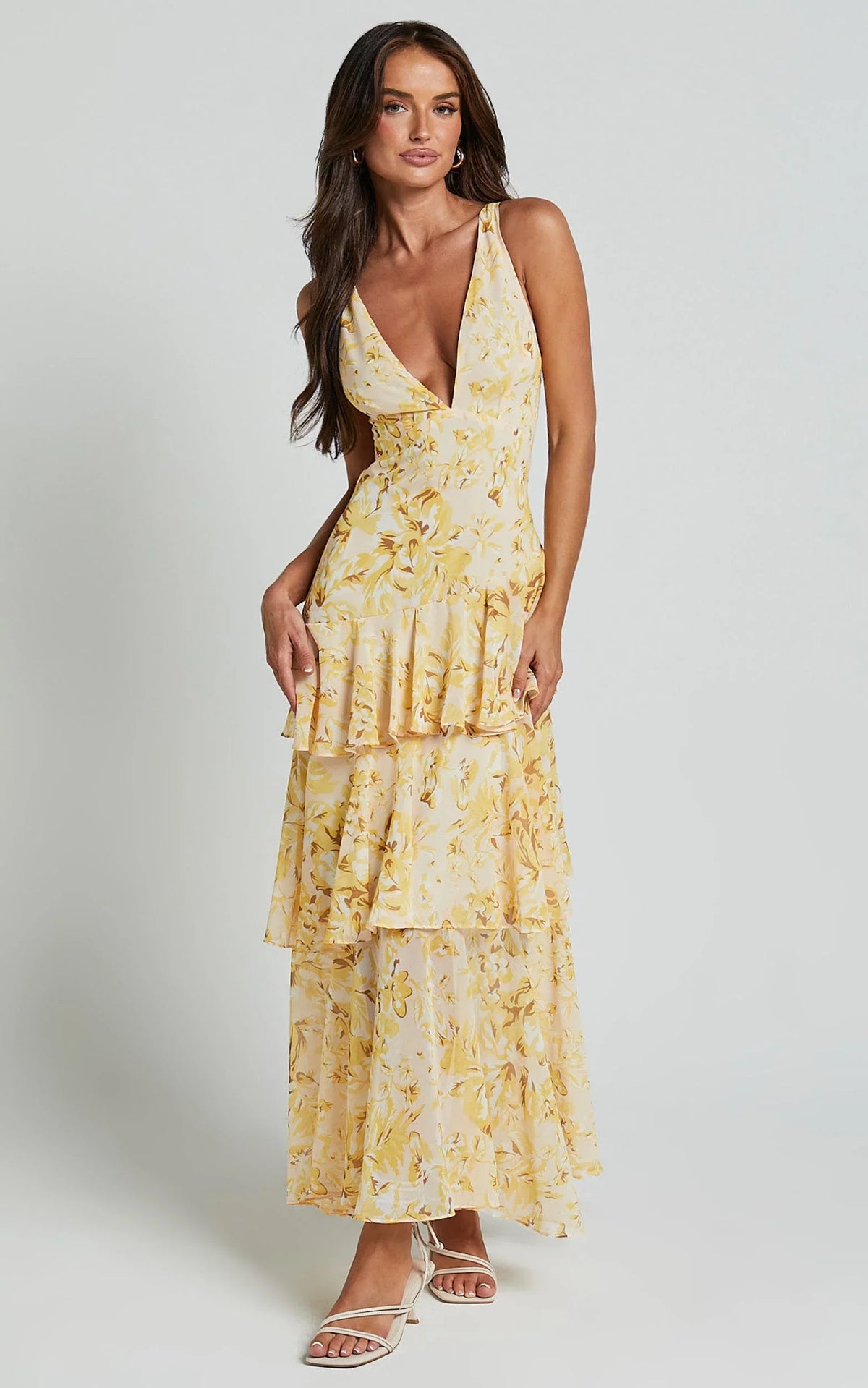 Beryl Midi Dress - Deep V Neck Sleeveless Layered Dress in Yellow Floral