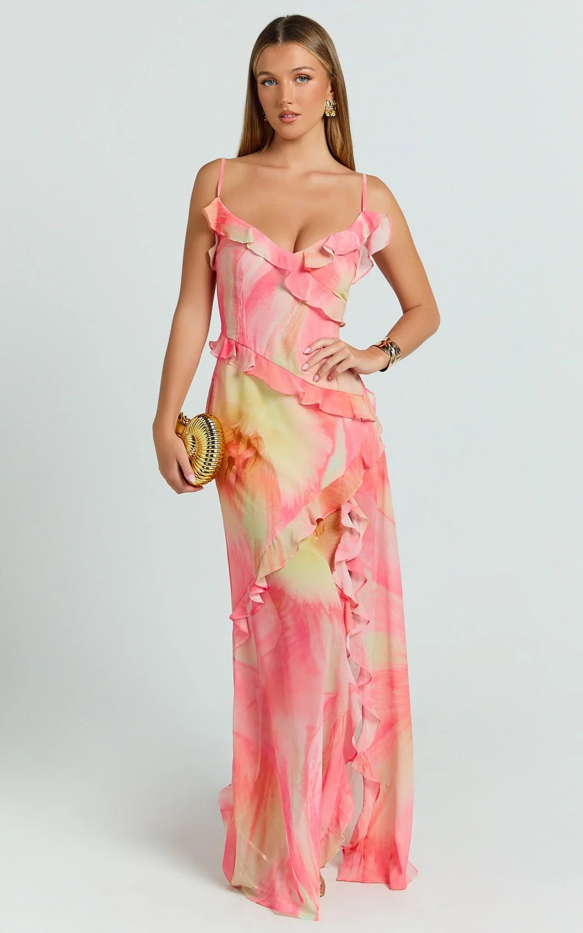 Adele Maxi Dress - Strappy V Neck Ruffle Tiered Dress in Regency Print