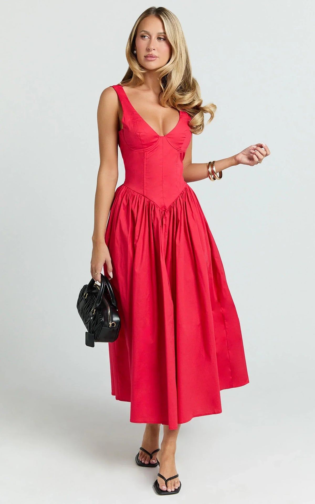 Beckett Midi Dress - Scoop Neck Drop V Waist Gathered Skirt Dress in Red