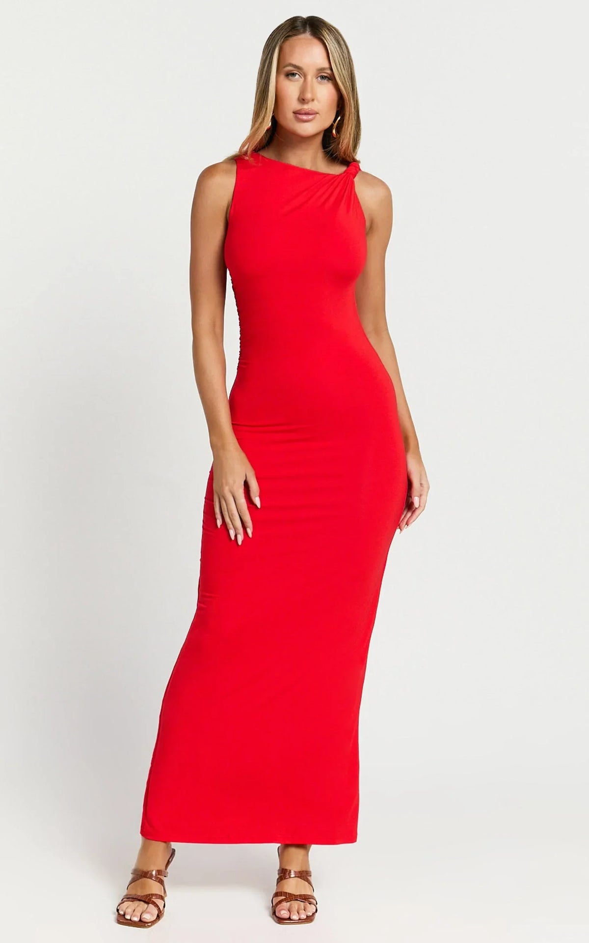 Aisha Maxi Dress - Sleeveless Twist Strap Bodycon Dress in Red