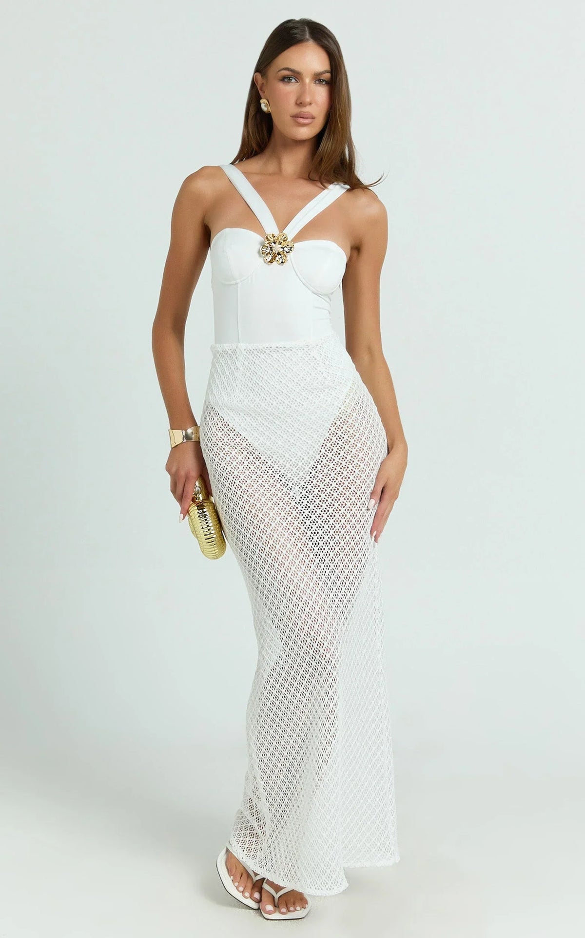 Adalia Maxi Dress - Strappy Hardware Rosette Trim Jersey Bodysuit Crochet Column Skirt Dress in Off White