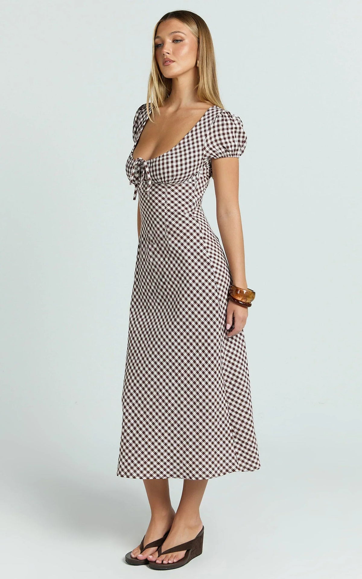 Bernice Midi Dress - Gingham Scoop Neck A Line Dress in Chocolate Gingham