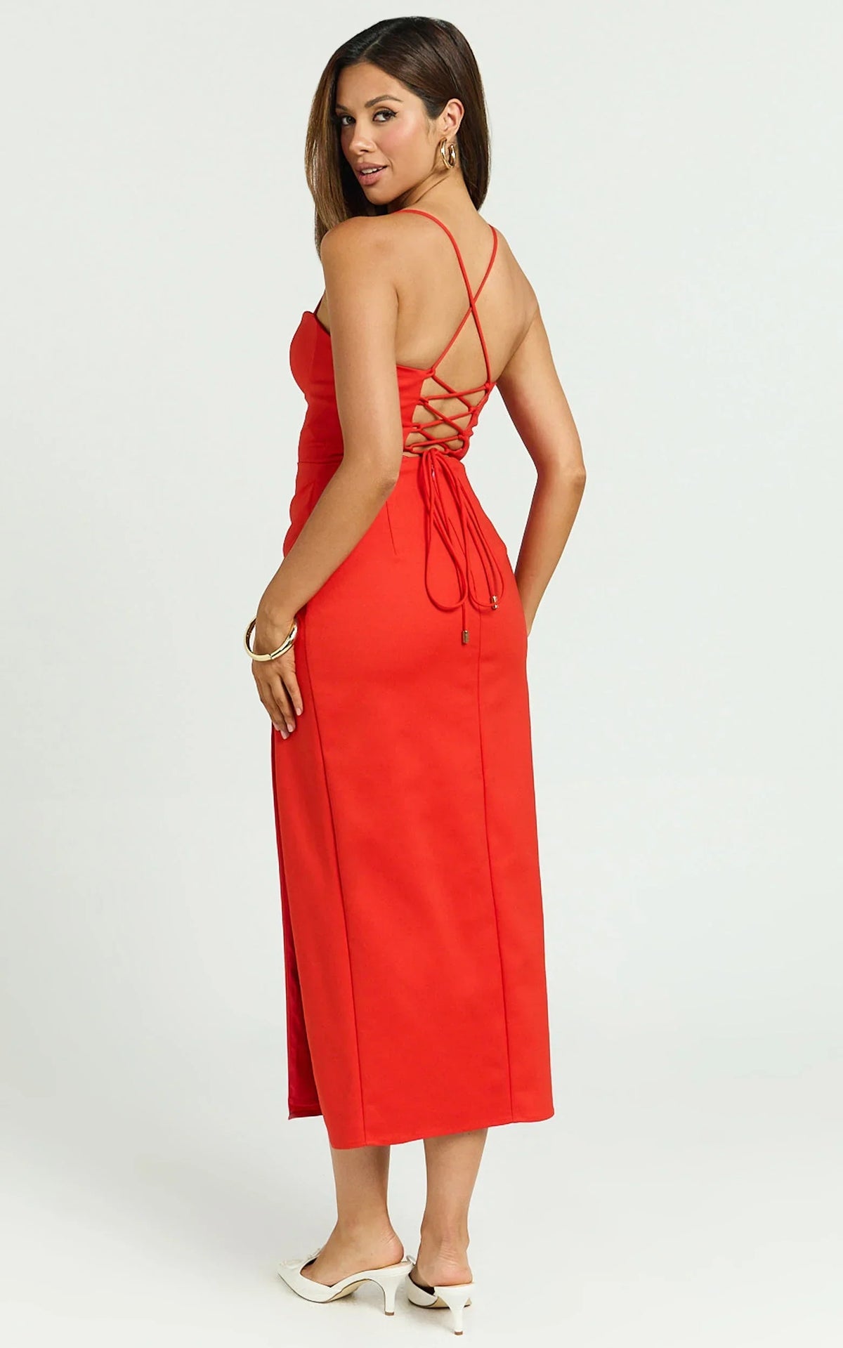 Alissa Midi Dress - Bustier Strappy Pleat Side Fitted Dress in Tangerine