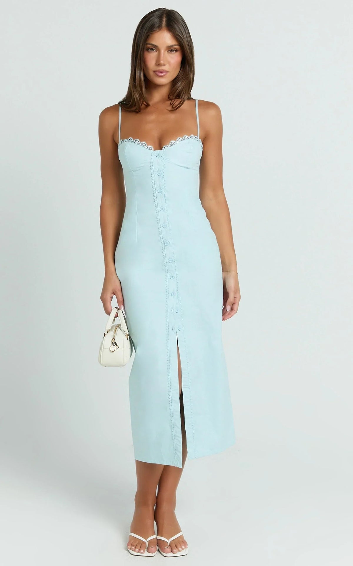 Anessa Midi Dress - Button Front Bustier Fitted Dress in Blue