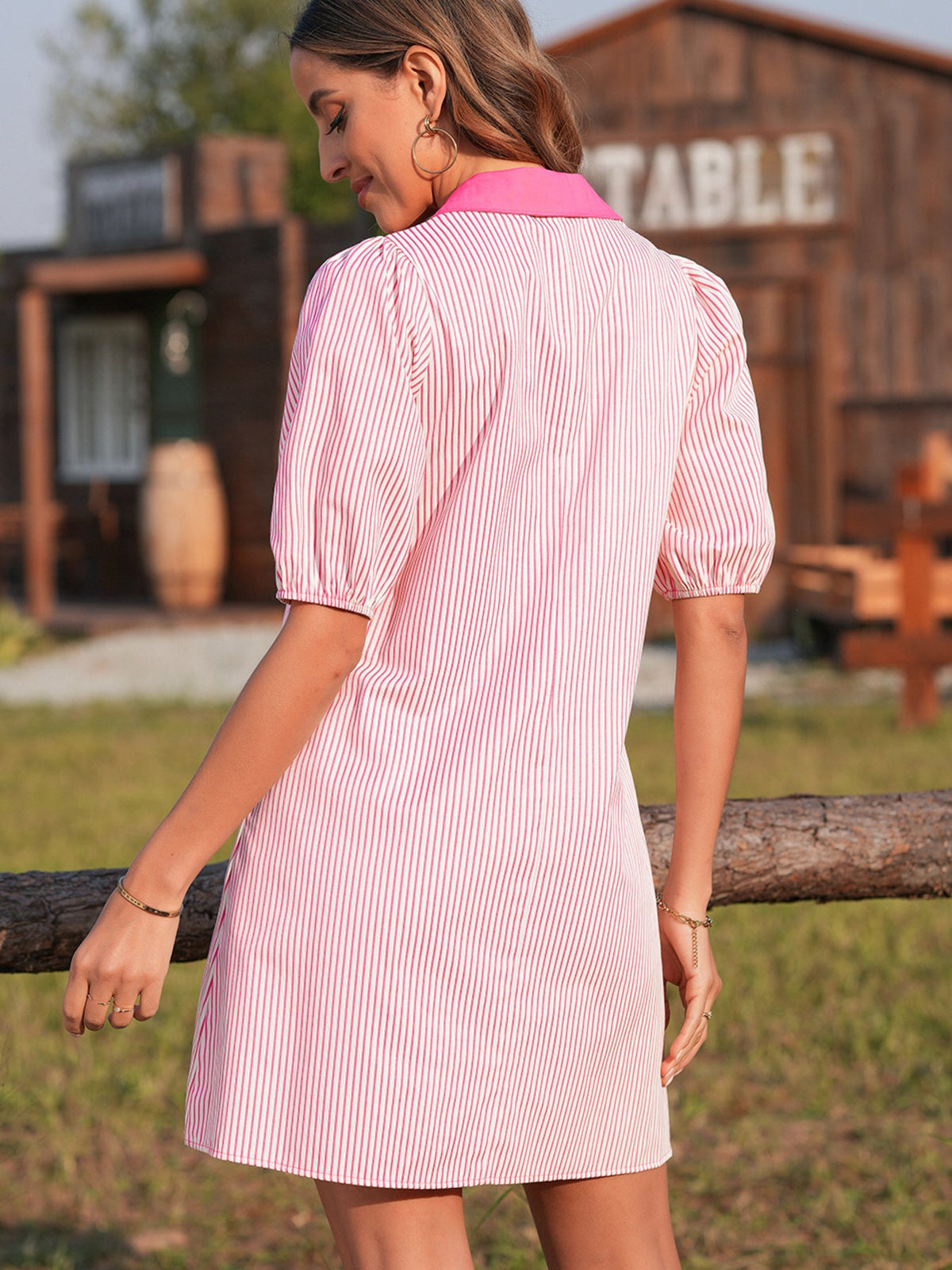 Stripe Color Block Patchwork Shirt Collar Button Down Puff Sleeve Mini Dress