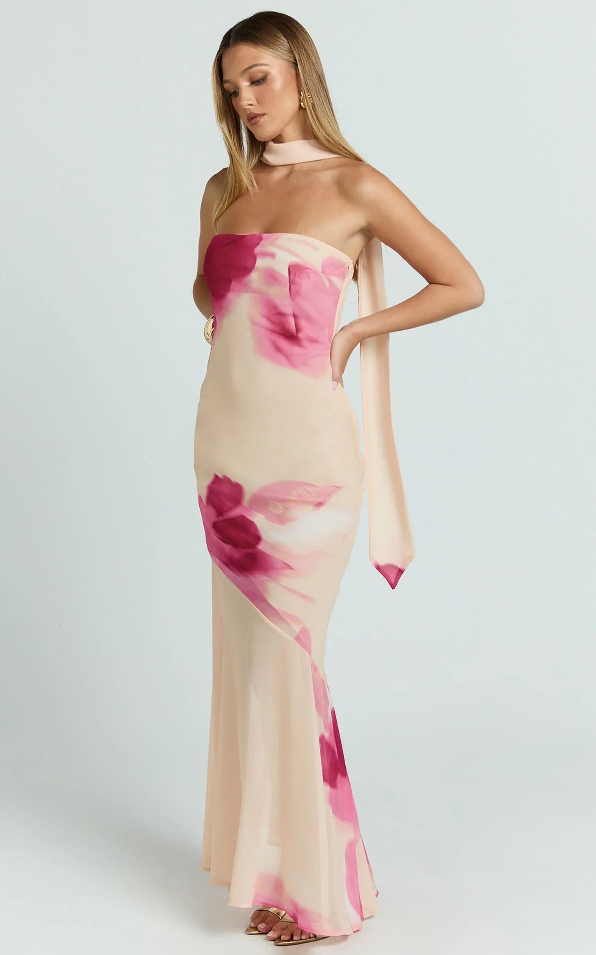 Angie Maxi Dress - Strapless Bias Column Dress with Scarf in Electric Bloom Lemon