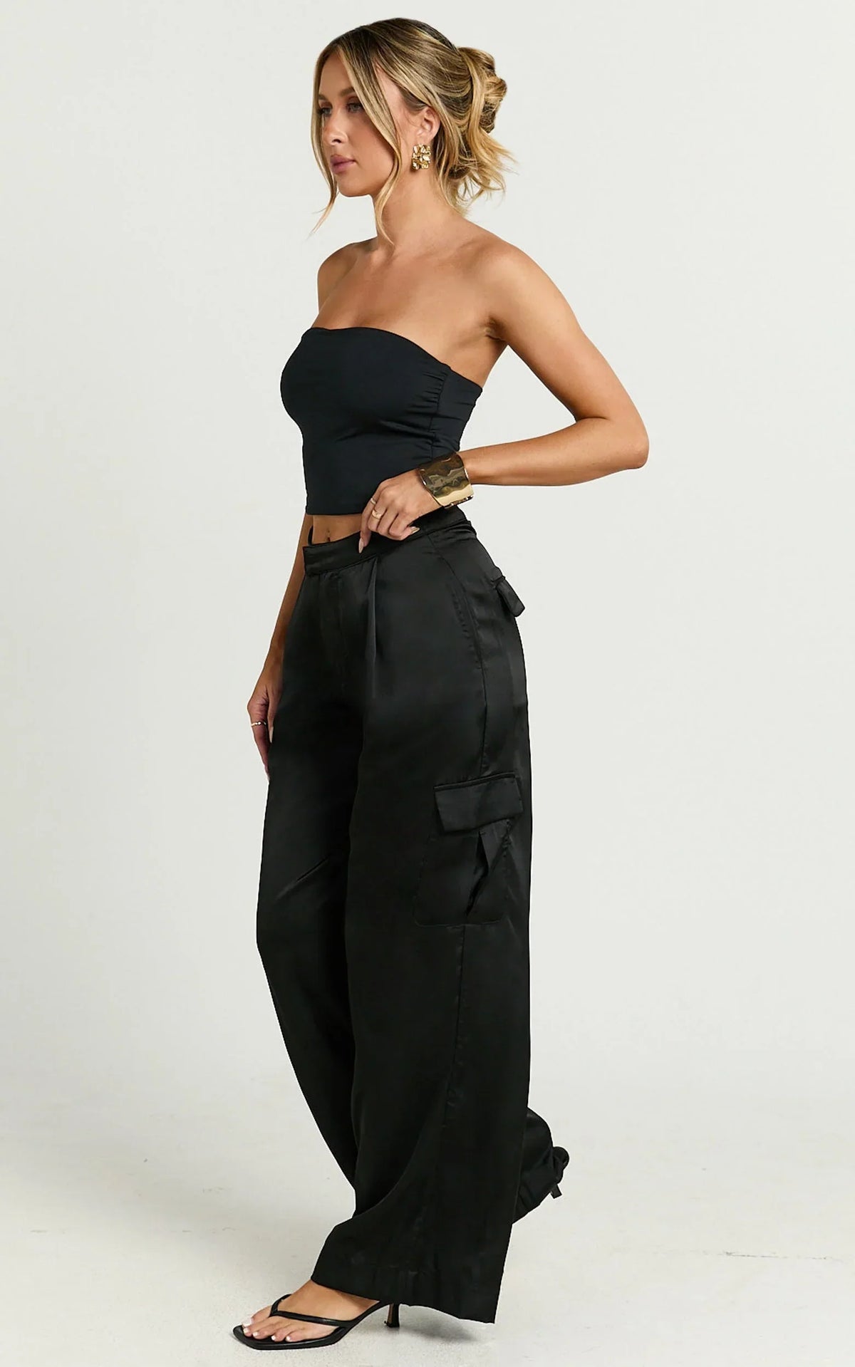 Amie Pants - High Waist Satin Tailored Cargo Pants in Black