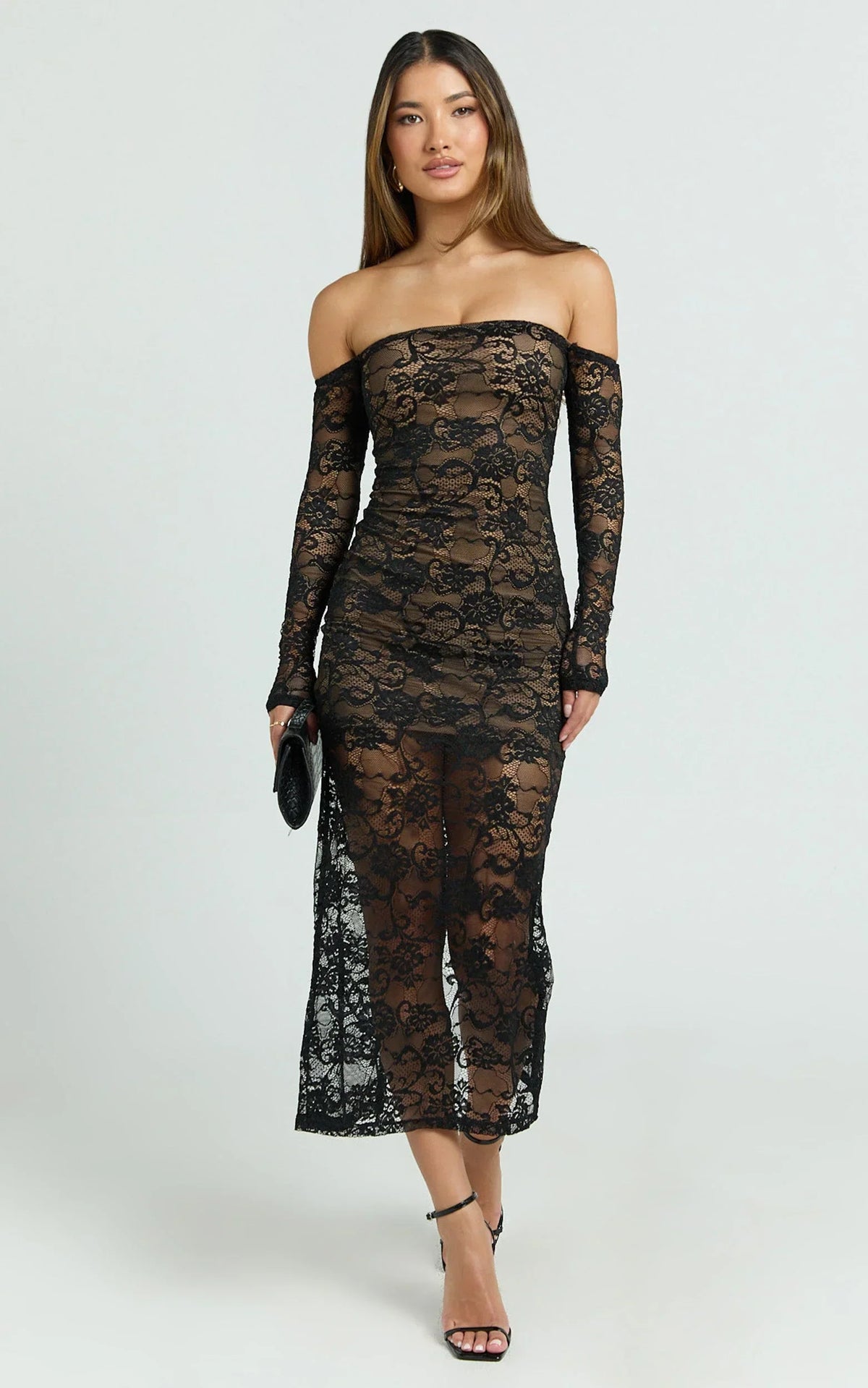 Amery Midi Dress - Off Shoulder Long Sleeve Stretch Fitted Skirt Dress in Black