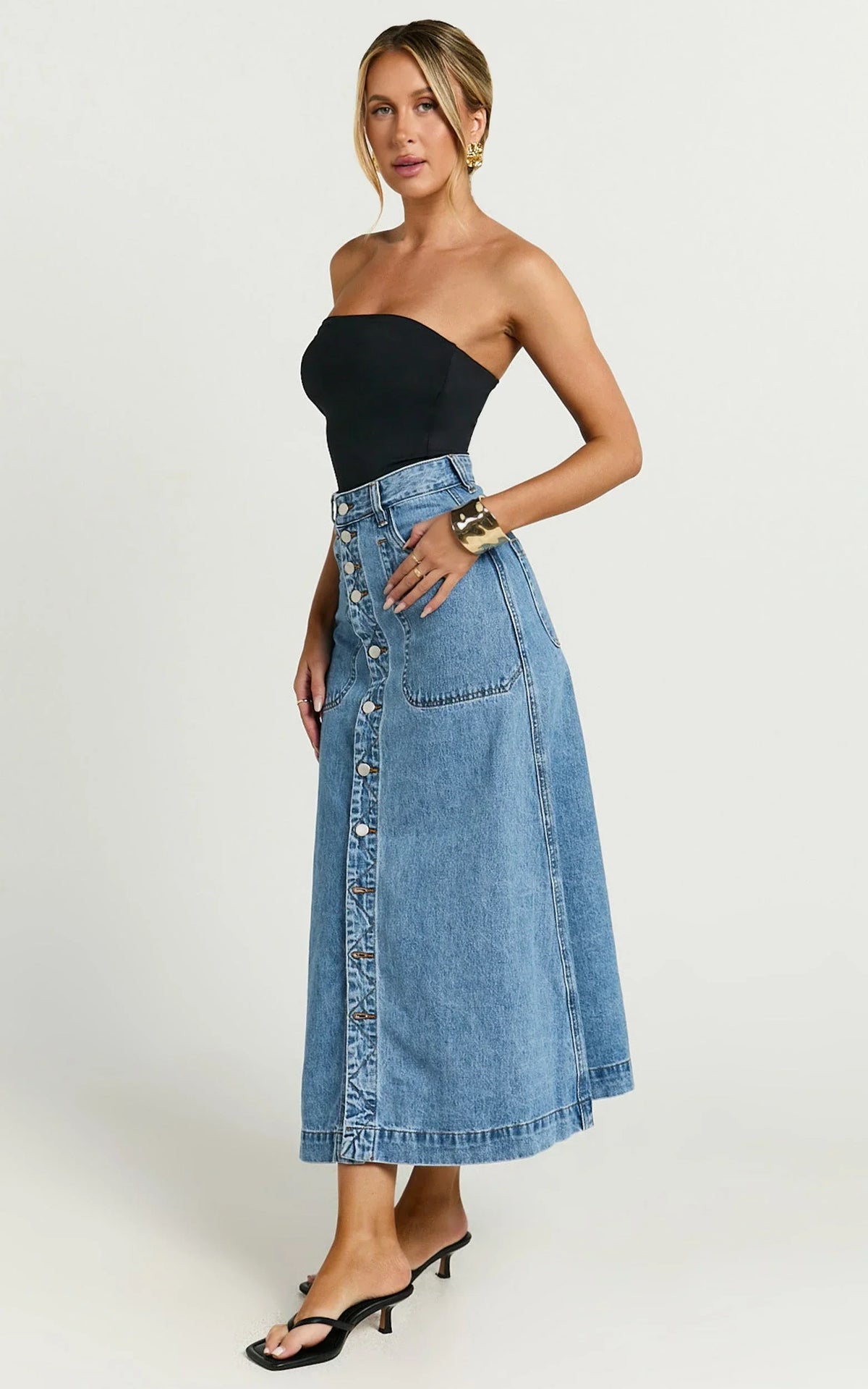 Alisa Midi Skirt - Button Through A Line Denim in Mid Blue Wash