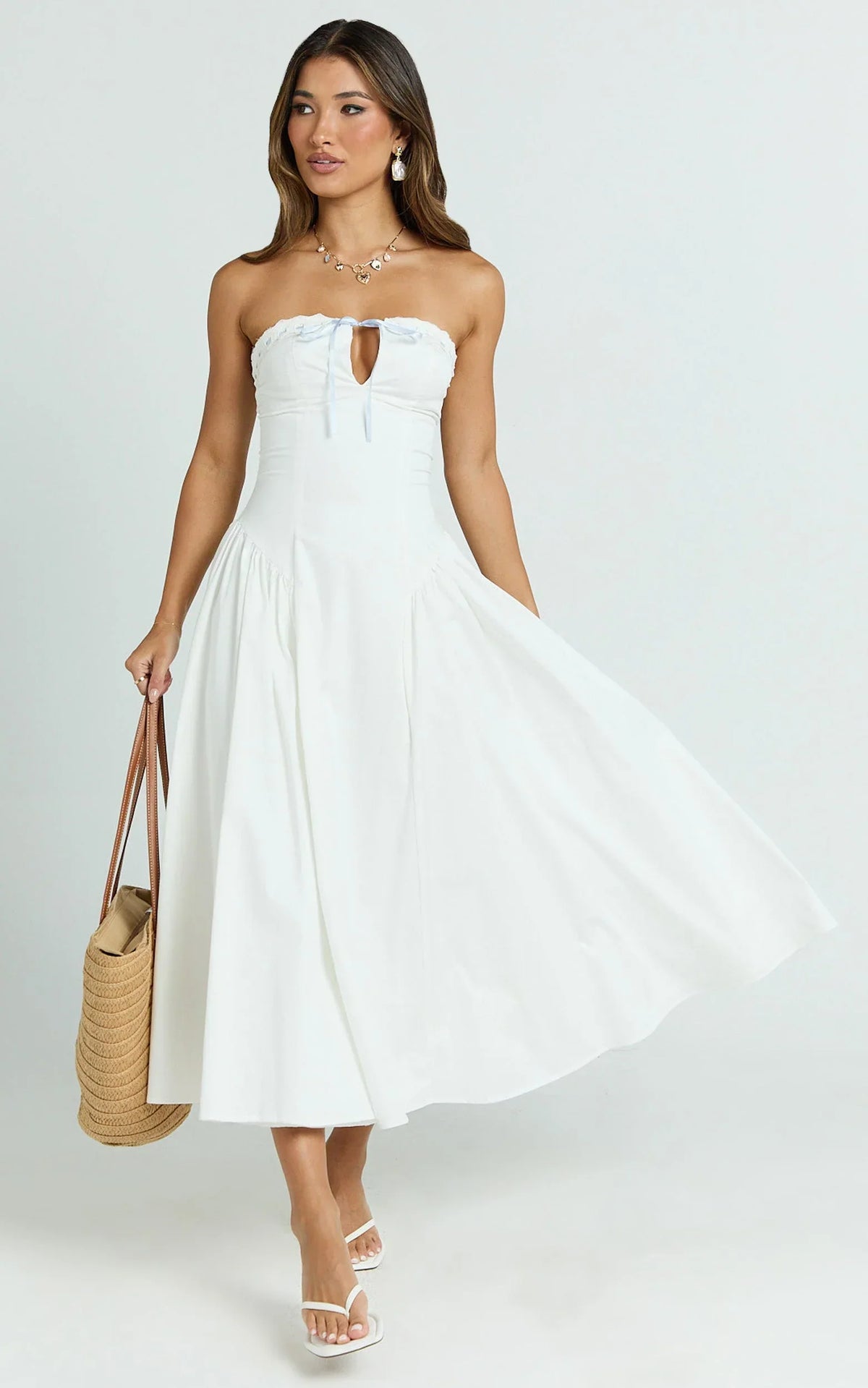 Bambi Midi Dress - Embroidered Strapless Lace Up Fit And Flare Dress in White