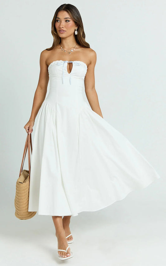 Bambi Midi Dress - Embroidered Strapless Lace Up Fit And Flare Dress in White