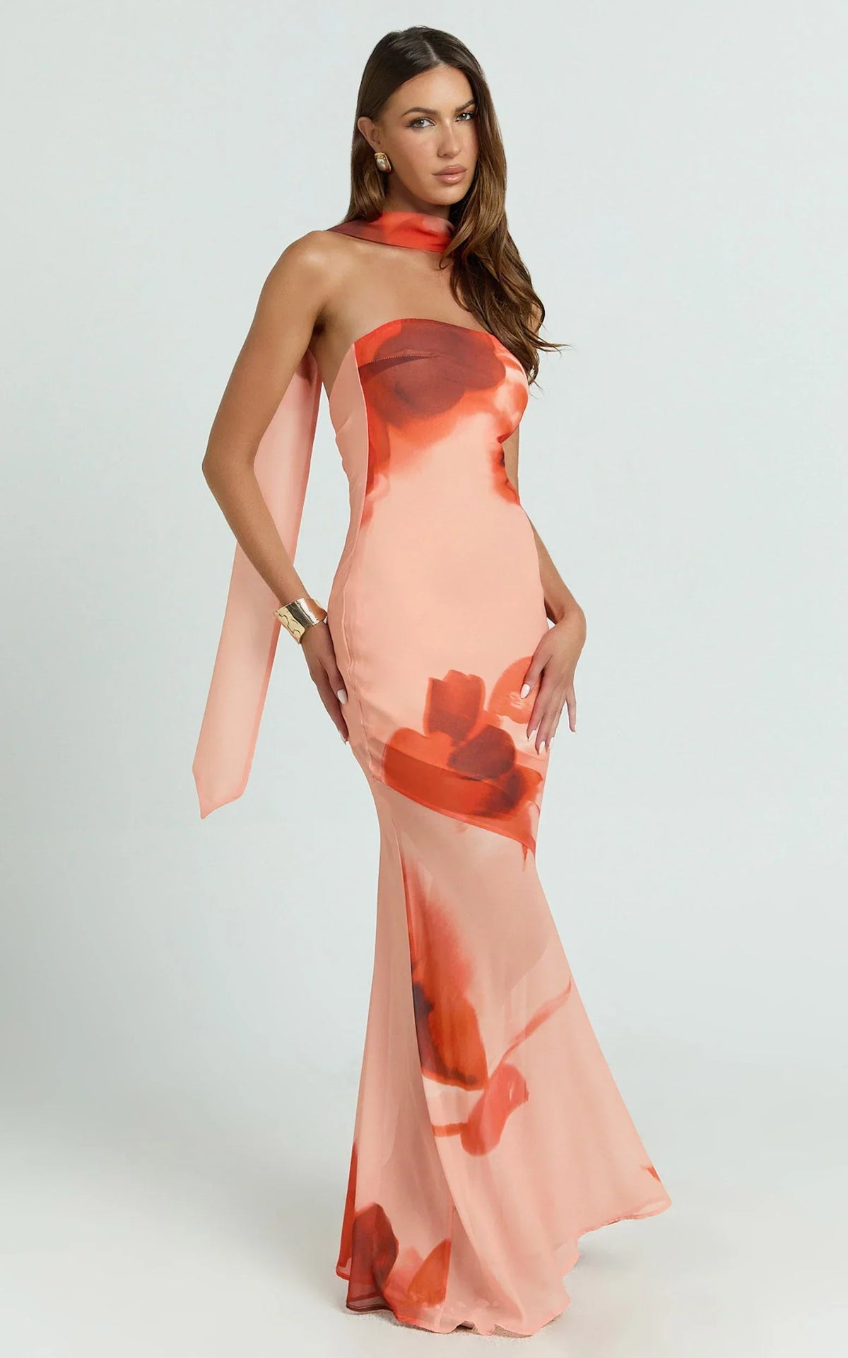 Angie Maxi Dress - Strapless Bias Column Dress with Scarf in Orange