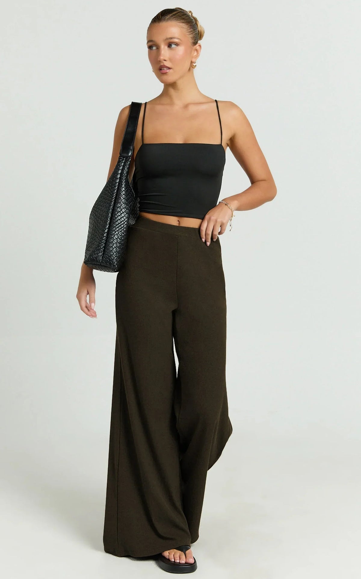 Amalthea Pants - High Waisted Jersey Rib Wide Leg Pants in Chocolate