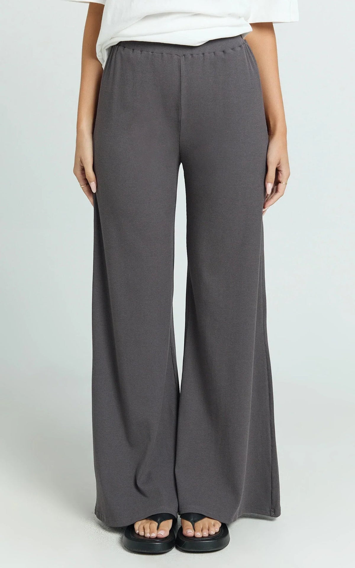 Amalthea Pants - High Waisted Jersey Rib Wide Leg Pants in Charcoal