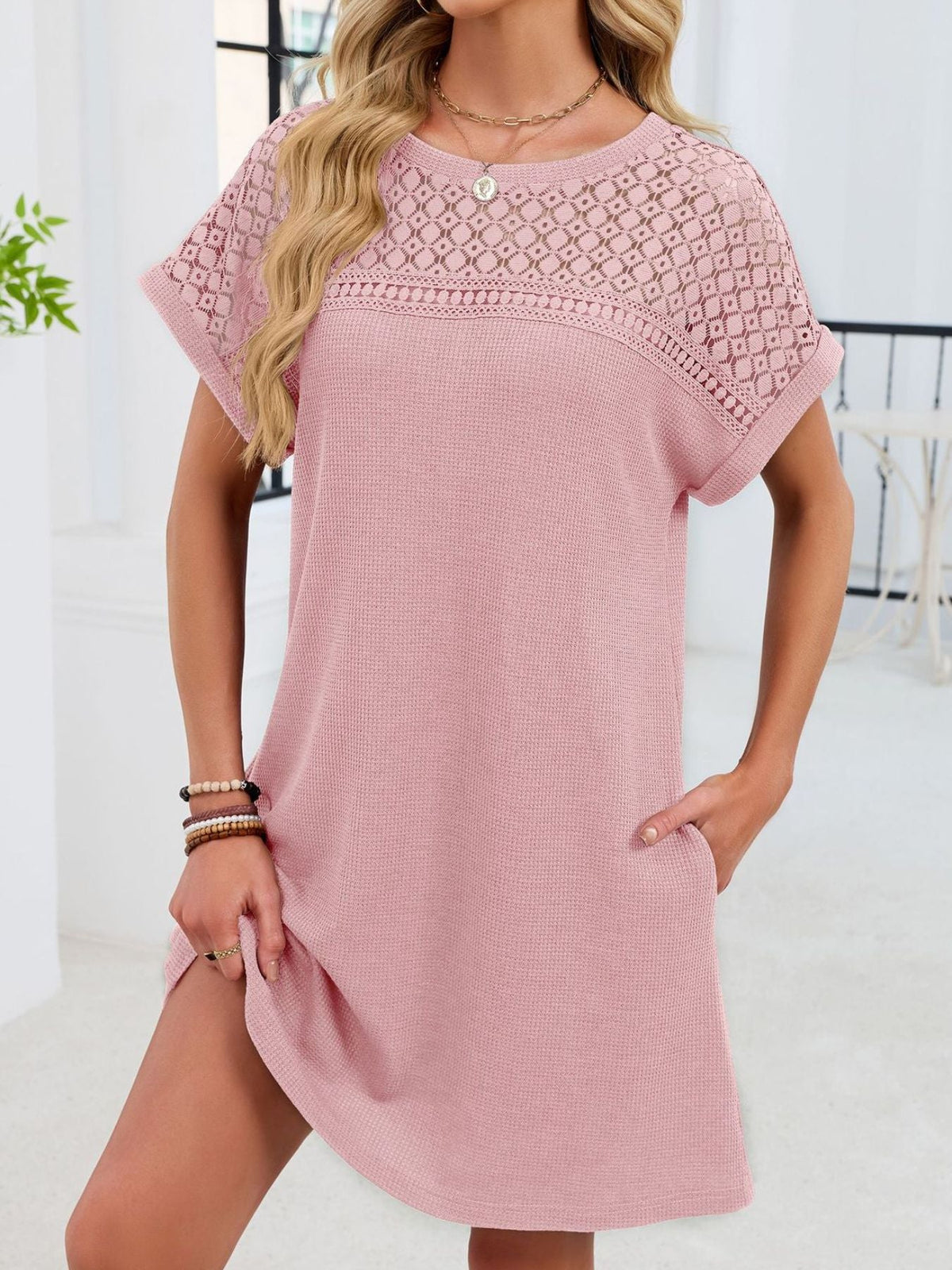 Lace Round Neck Short Sleeve T-Shirt Dress