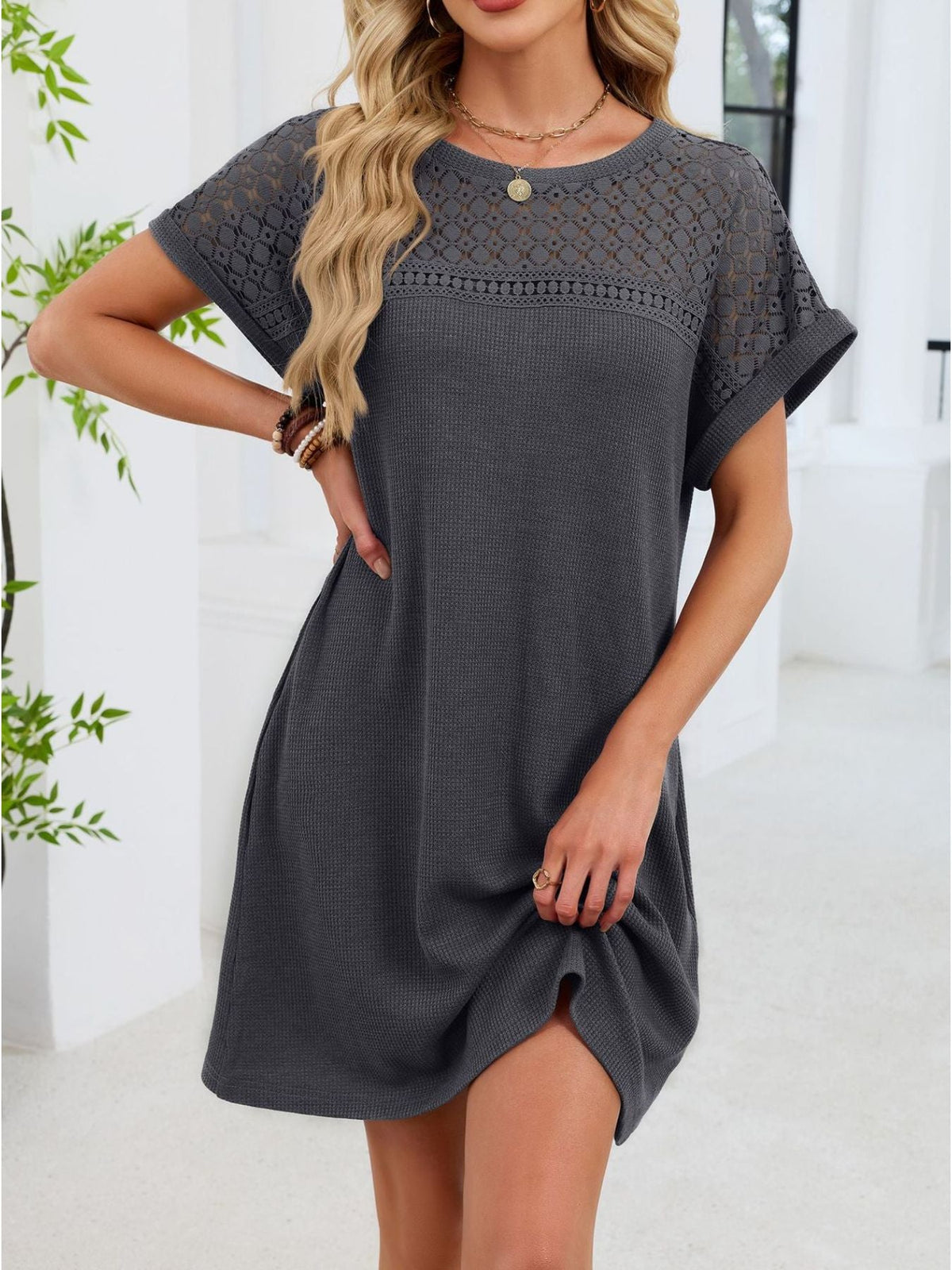 Lace Round Neck Short Sleeve T-Shirt Dress