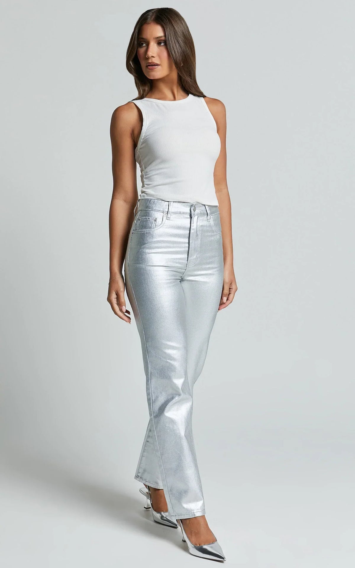 Addison Jeans - High Waisted Metallic Jeans in Silver