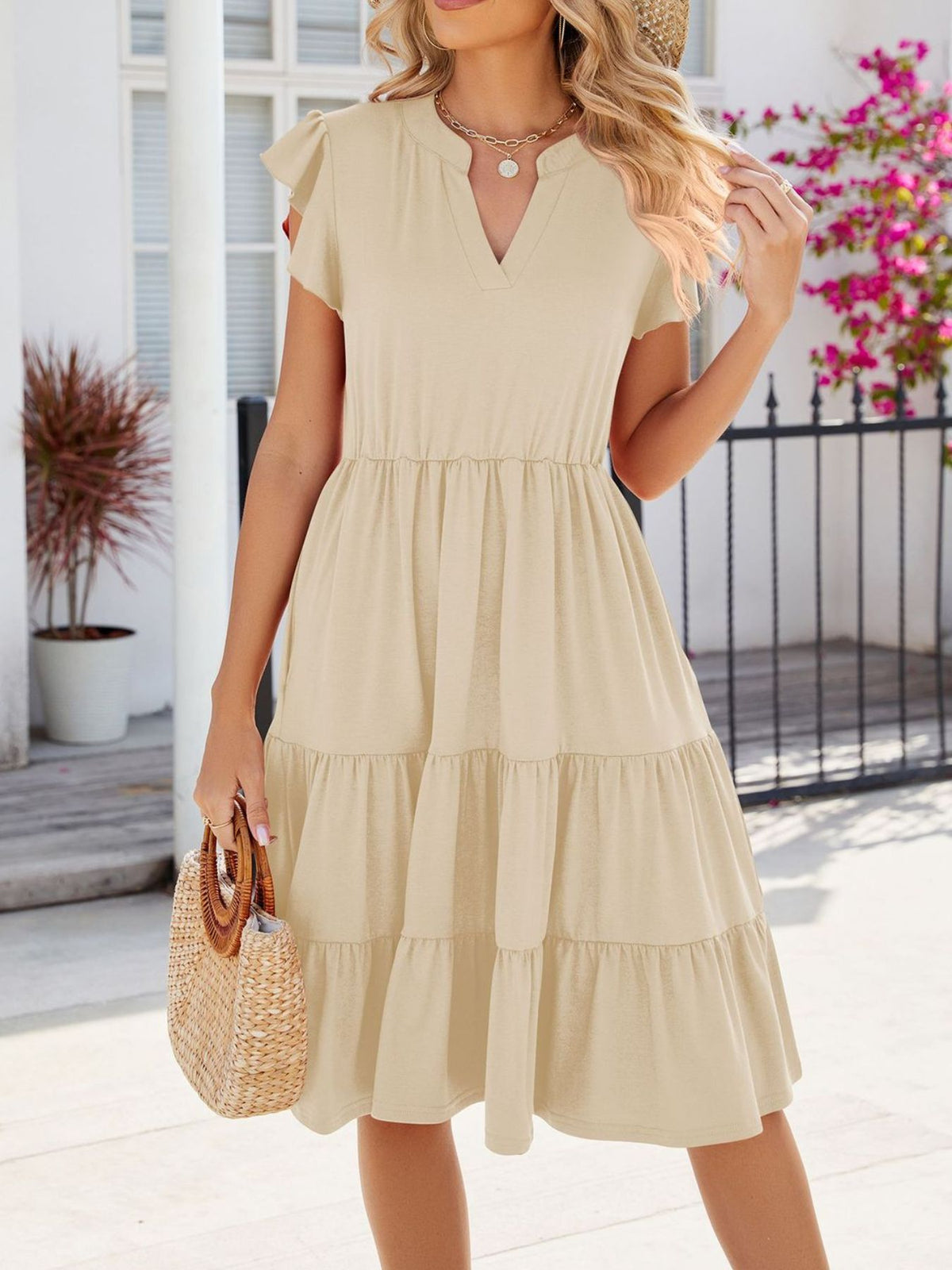 Ruffled Notched Tiered Midi Dress