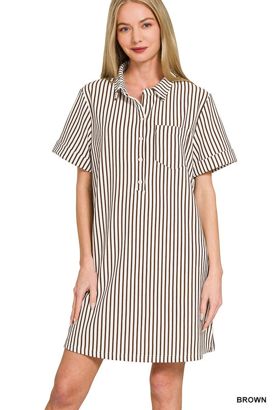Zenana Stripe Collared Half Button Up T-Shirts Dress