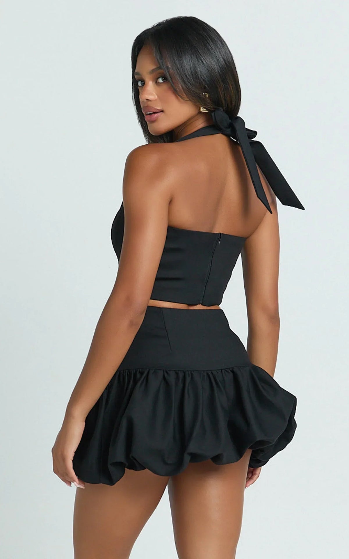 Abellina Mini Skirt - High Waist Bubble Hem Skirt in Black