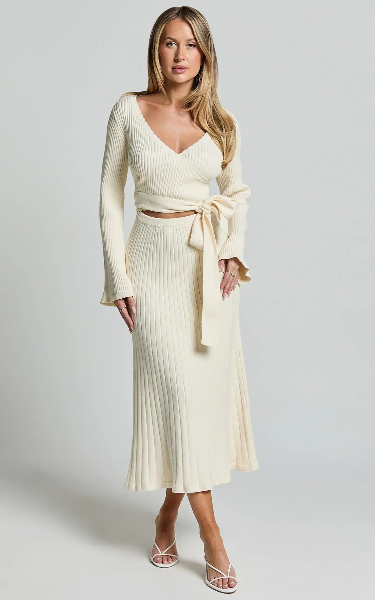 Andreia Midi Dress - Knitted Wrap Long Sleeve Dress in Cream