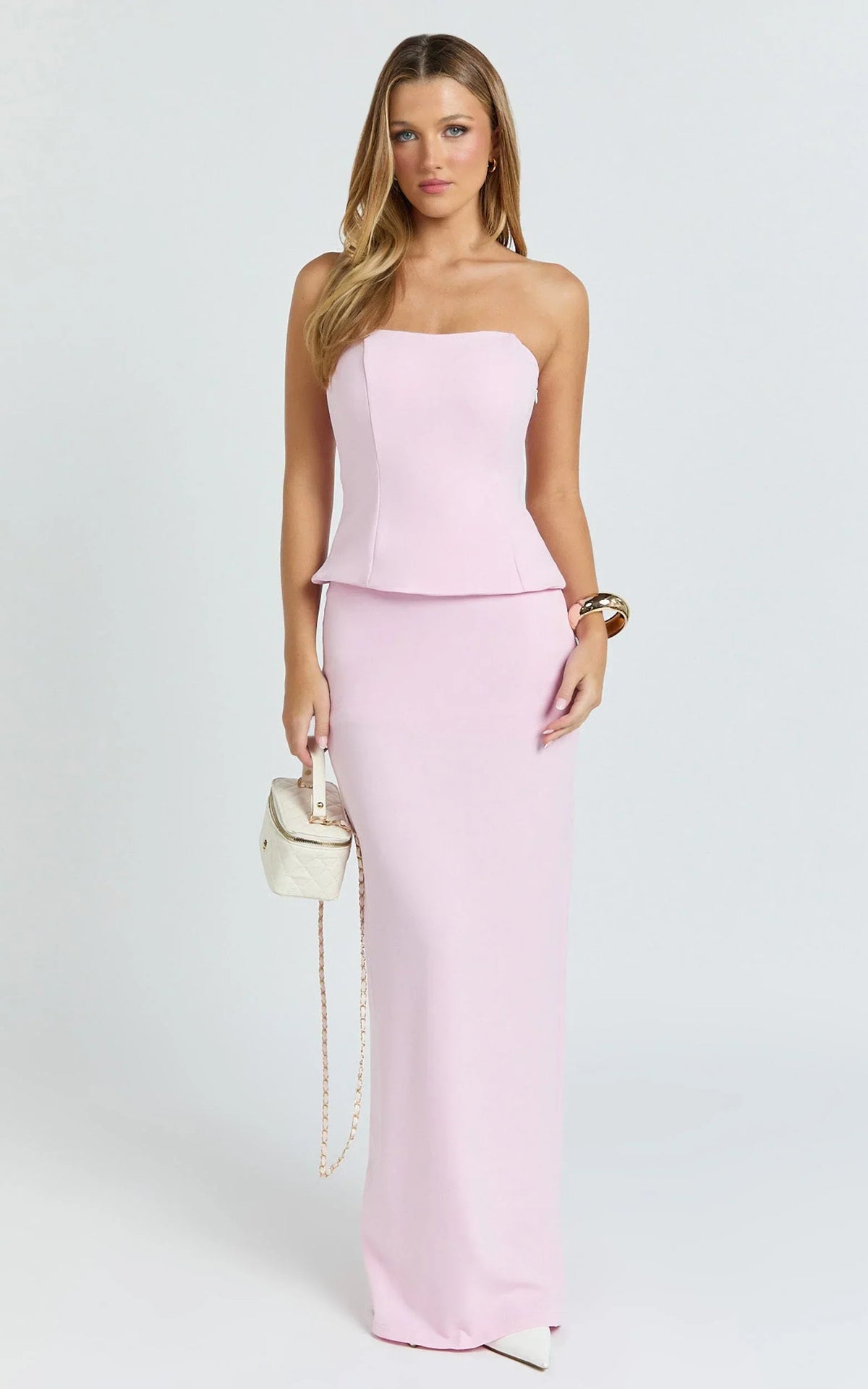 Anya Two Piece Top and Skirt Set - Strapless Fit And Flare Top And Maxi Skirt in Pink
