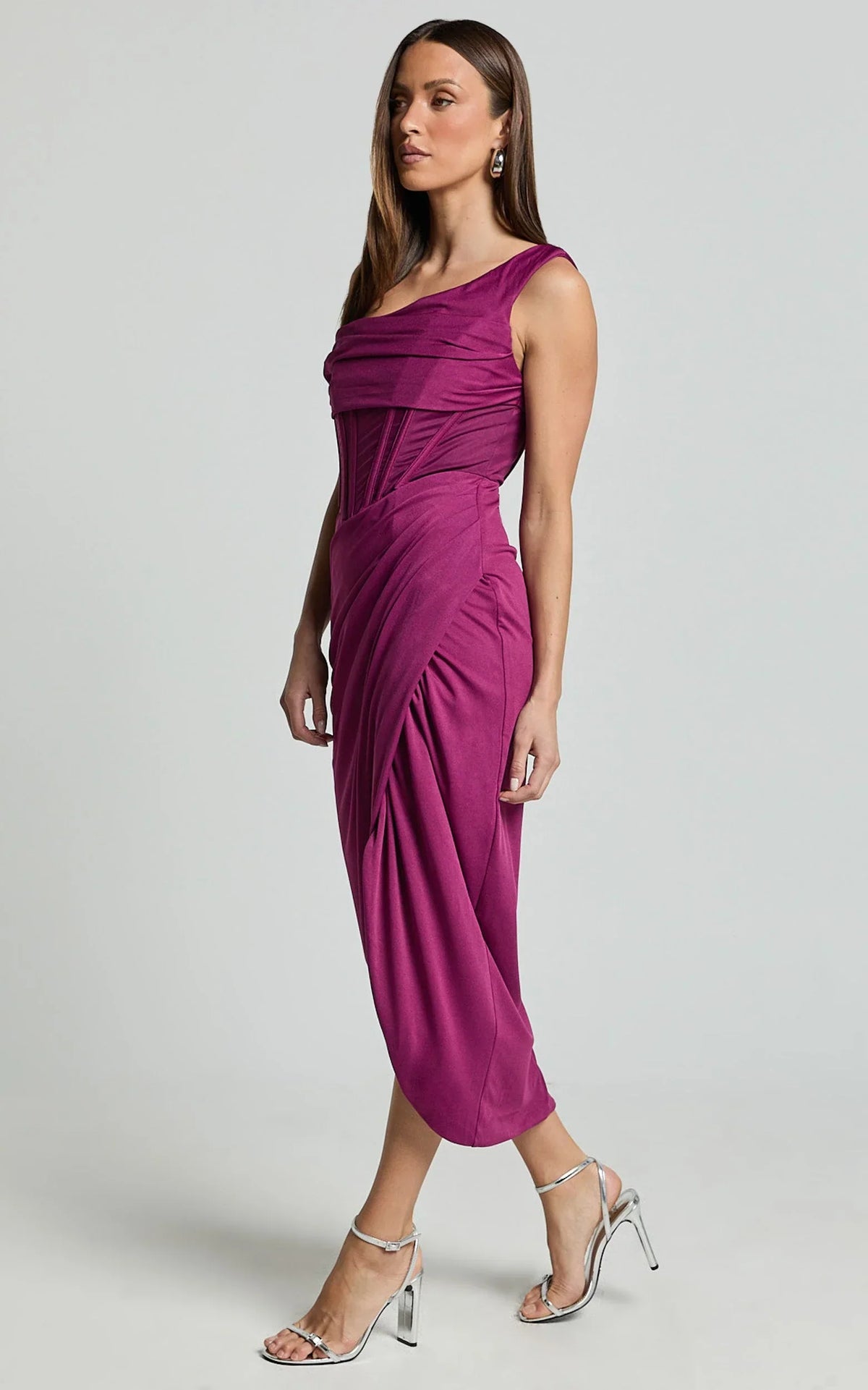 Aidia Midi Dress - Off Shoulder Draped Corset Dress in Plum