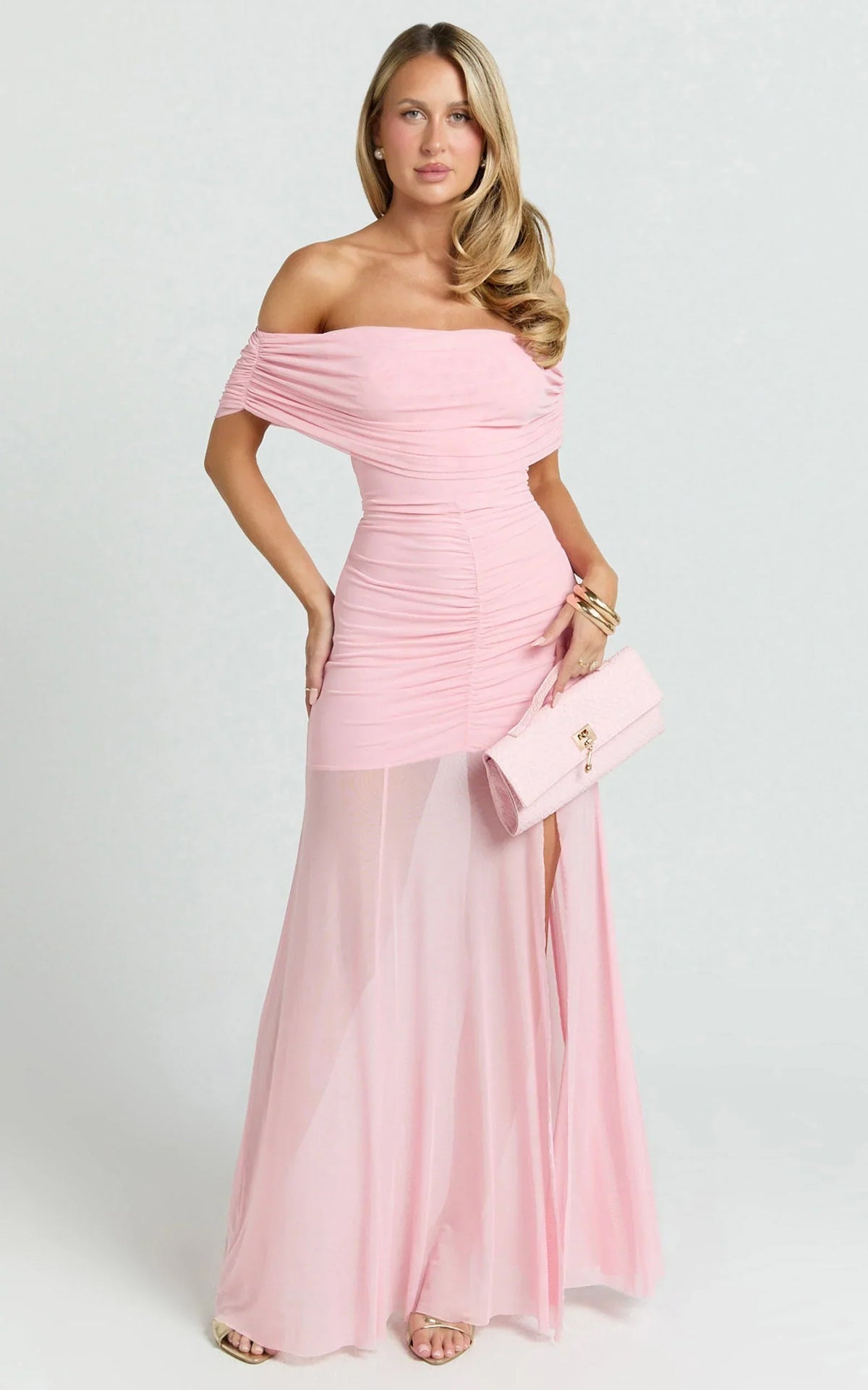 Alanna Maxi Dress - Off Shoulder Ruched Mesh Dress in Pink