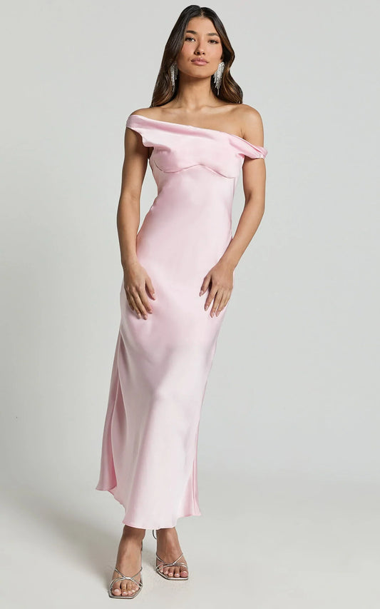 Alexia Midi Dress - One Shoulder Bust Slip Dress in Soft Pink