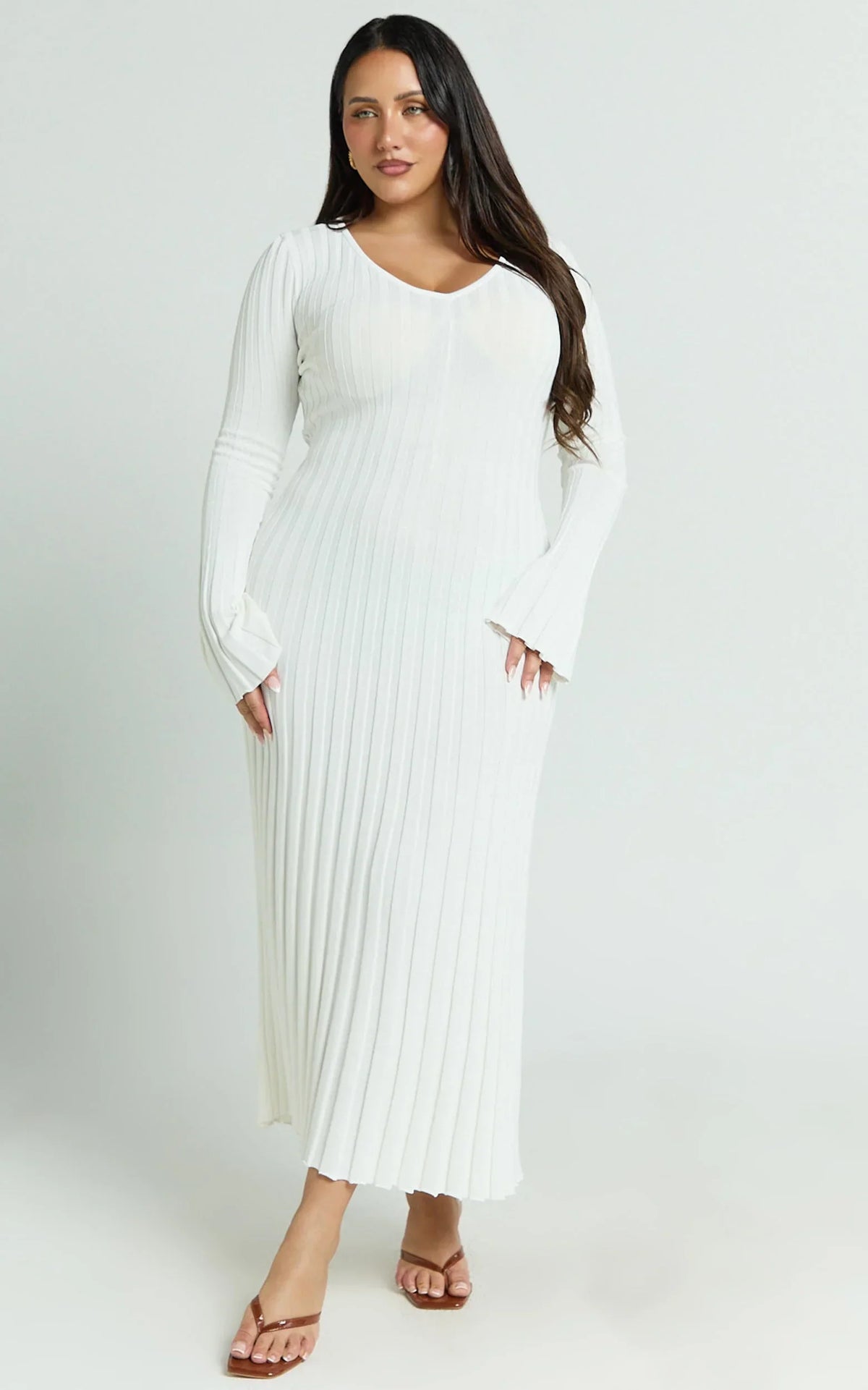 Astra Maxi Dress - V Neck Long Sleeve Knit Dress in White