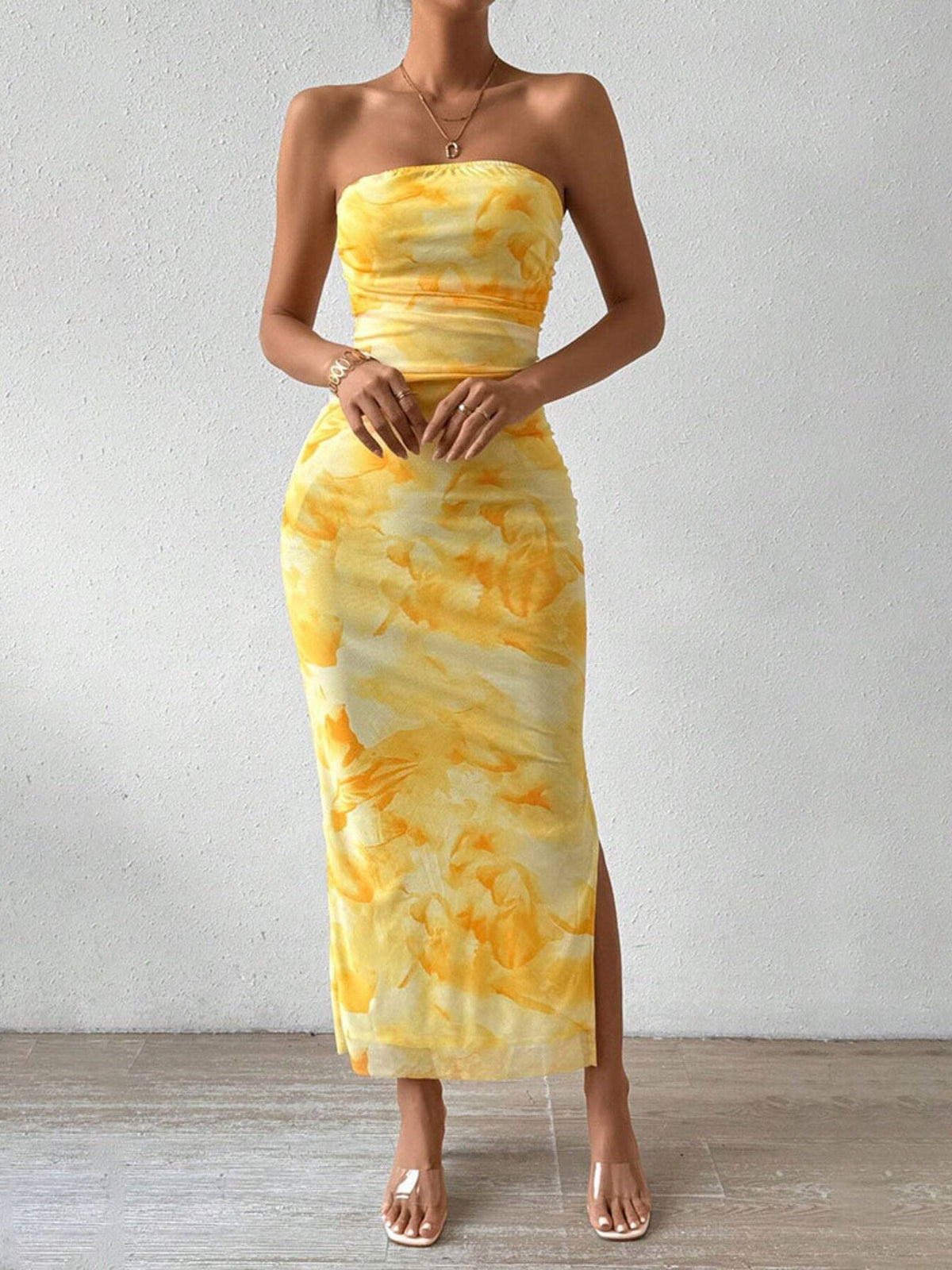 Ruched Strapless Bodycon Midi Dress