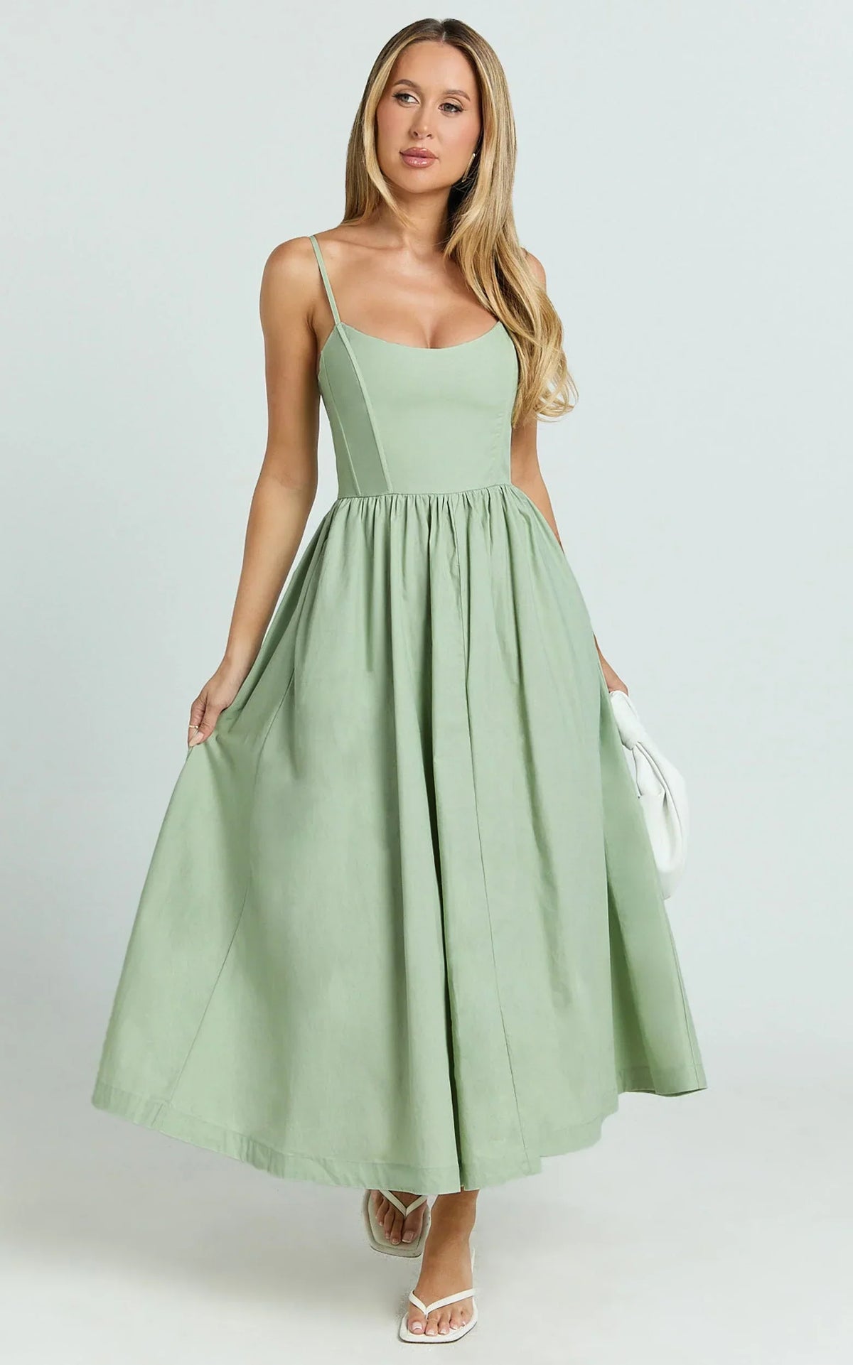 Braelyn Midi Dress - Scoop Neck Flare Dress in Sage