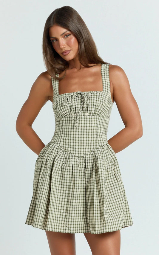 Albee Mini Dress - Smocked Back Dress in Olive