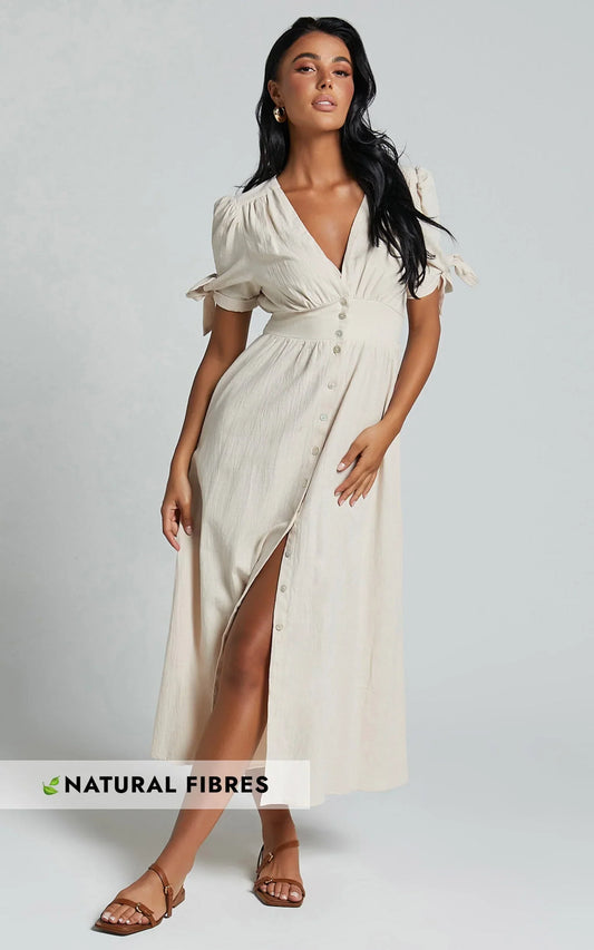 Avegail Midi Dress - V Neck Button Through Short Sleeve Dress in Bone