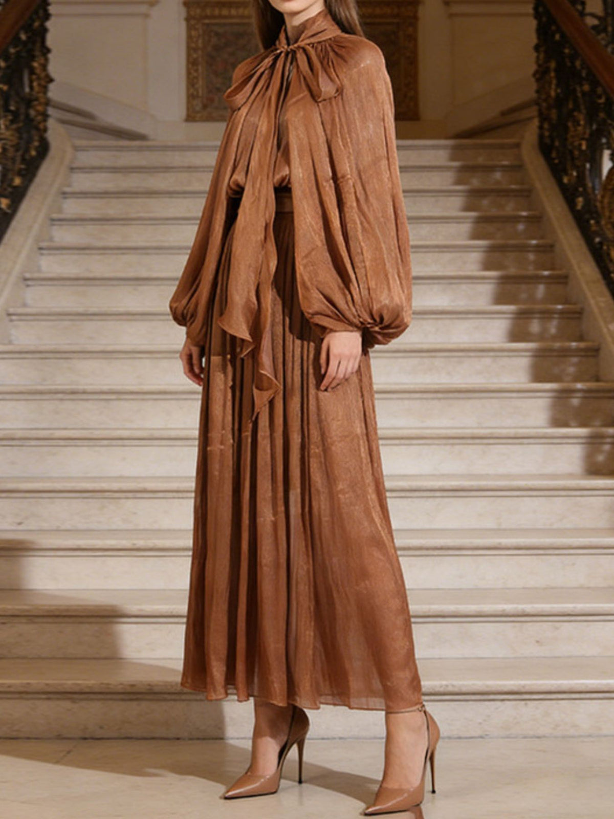 Tie Front Balloon Sleeve Midi Dress