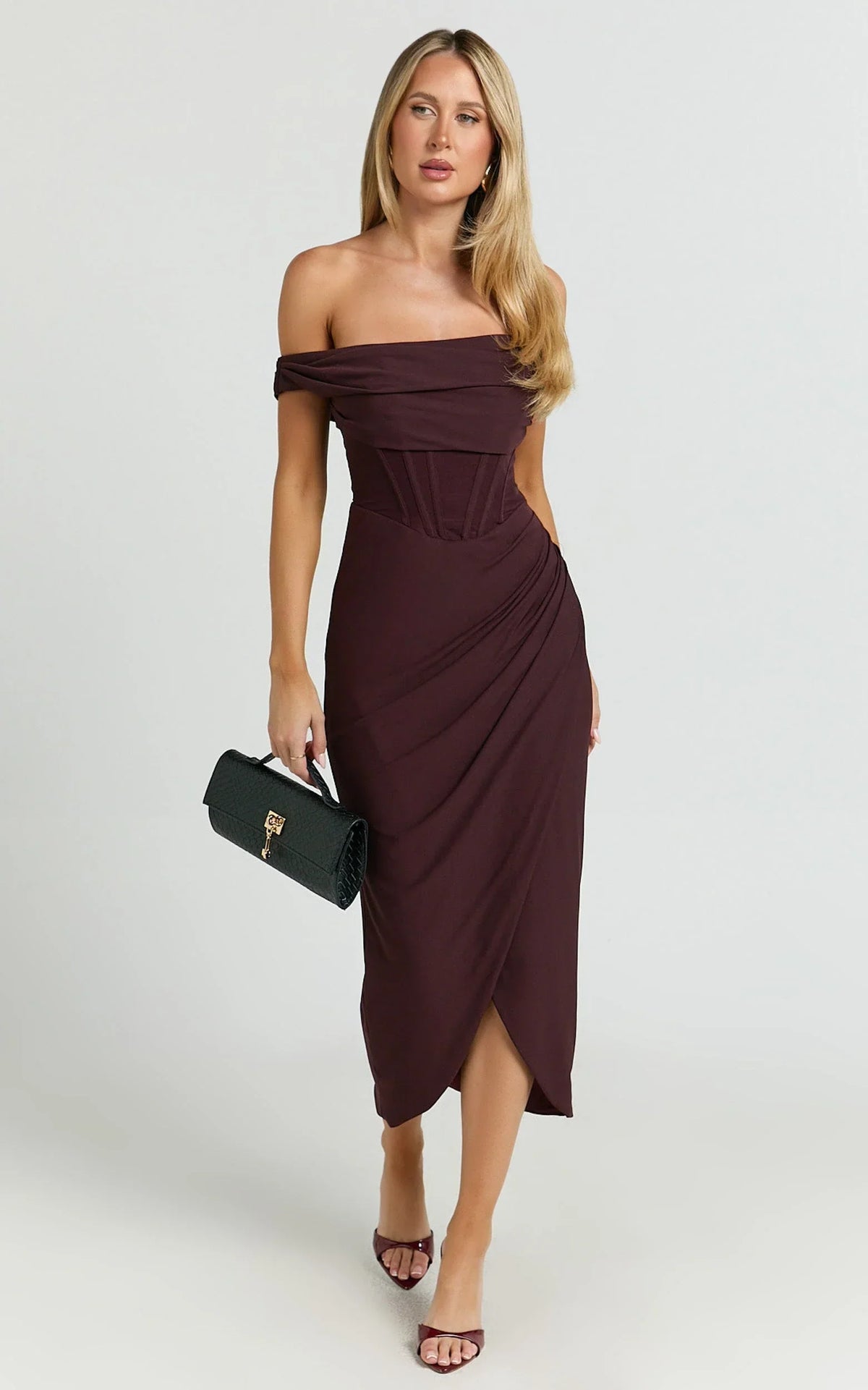 Aidia Midi Dress - Off Shoulder Draped Corset Dress in Burgundy