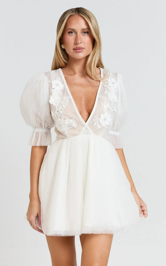Akshia Mini Dress - Puff Sleeve Floral Detail Plunge Neck Dress in White