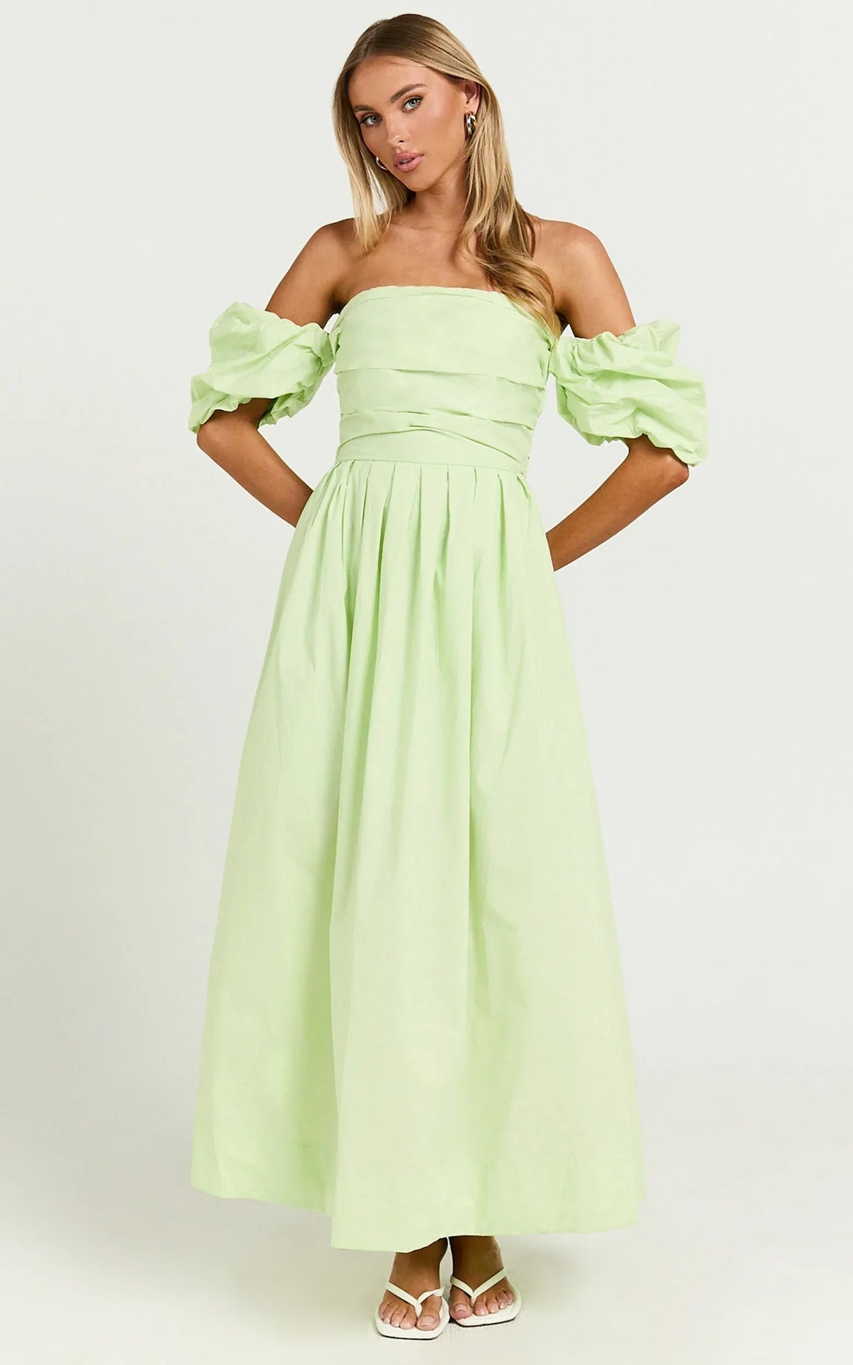 Annie Midi Dress - Off The Shoulder Ruffle Sleeve Pleated Dress in Lime