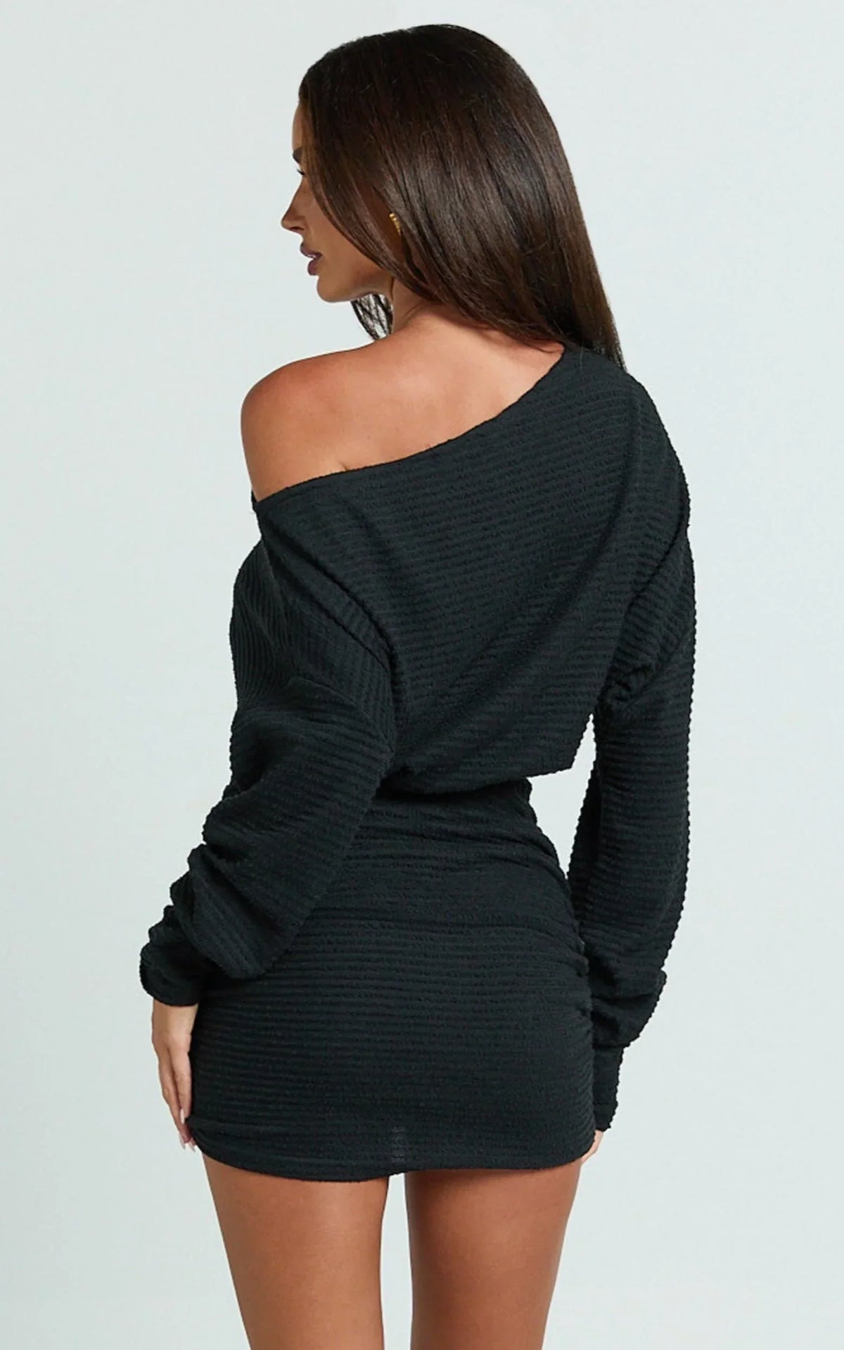 Alyce Mini Dress - Long Sleeve One Shoulder Dress in Black
