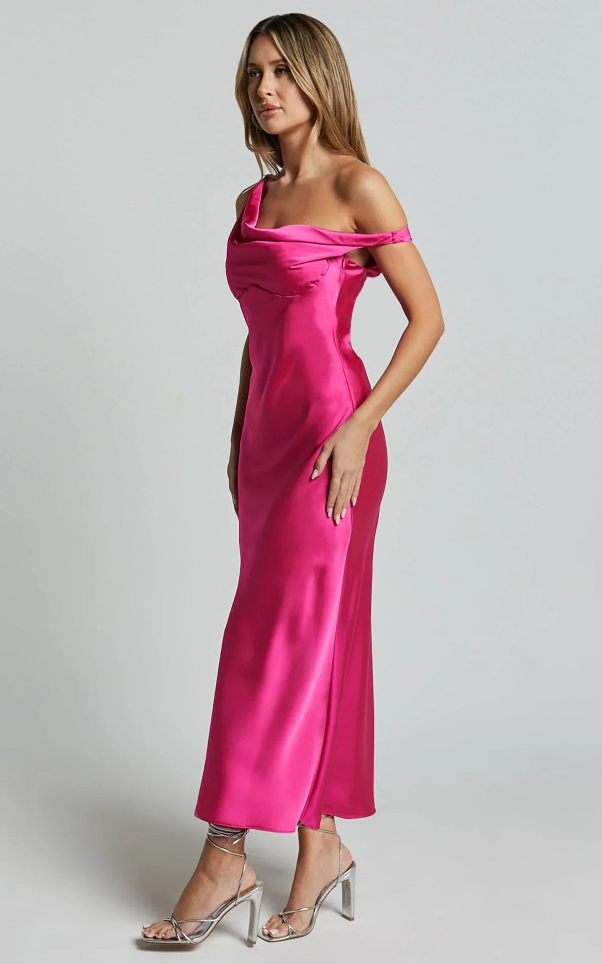 Alexia Midi Dress - One Shoulder Bust Slip Dress in Fuschia