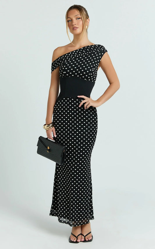 Ava Midi Dress - Asymmetrical Neckline Dress in Black