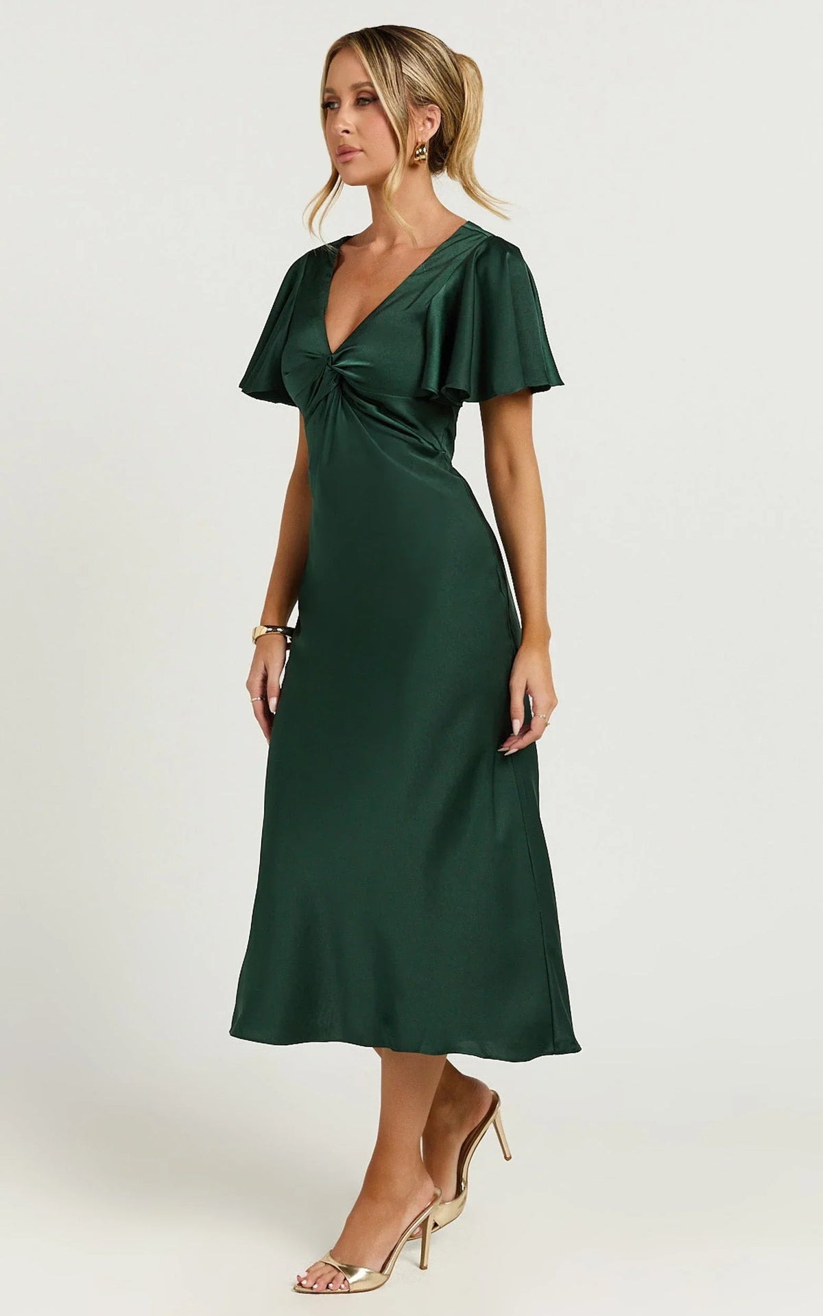 Amartina Midi Dress - V Neck Twist Bodice Flutter Sleeve Dress in Forest Green