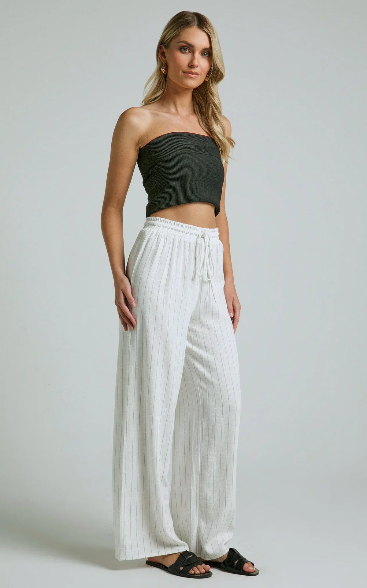 Barbra Pants - Pinstripe Linen High Waisted Relaxed Pants in White Stripe
