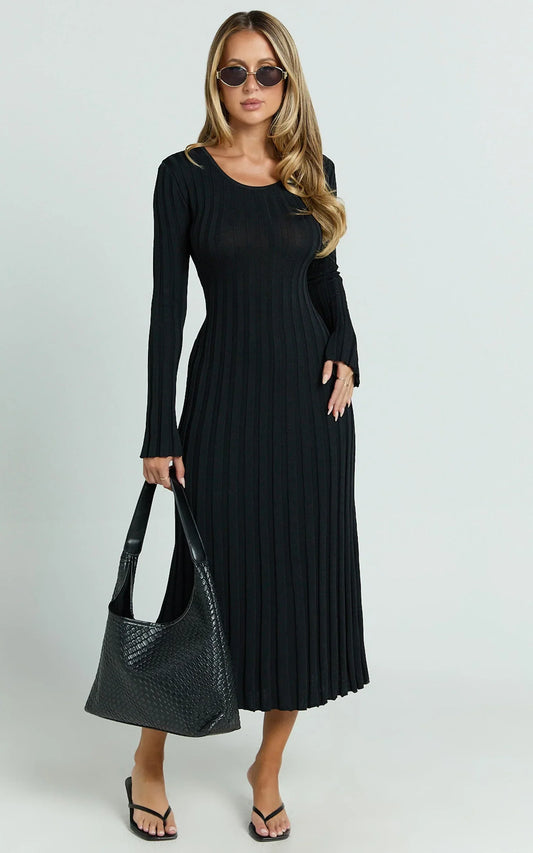 Blaire Midi Dress - Long Sleeve Tie Back Flare Dress in Black