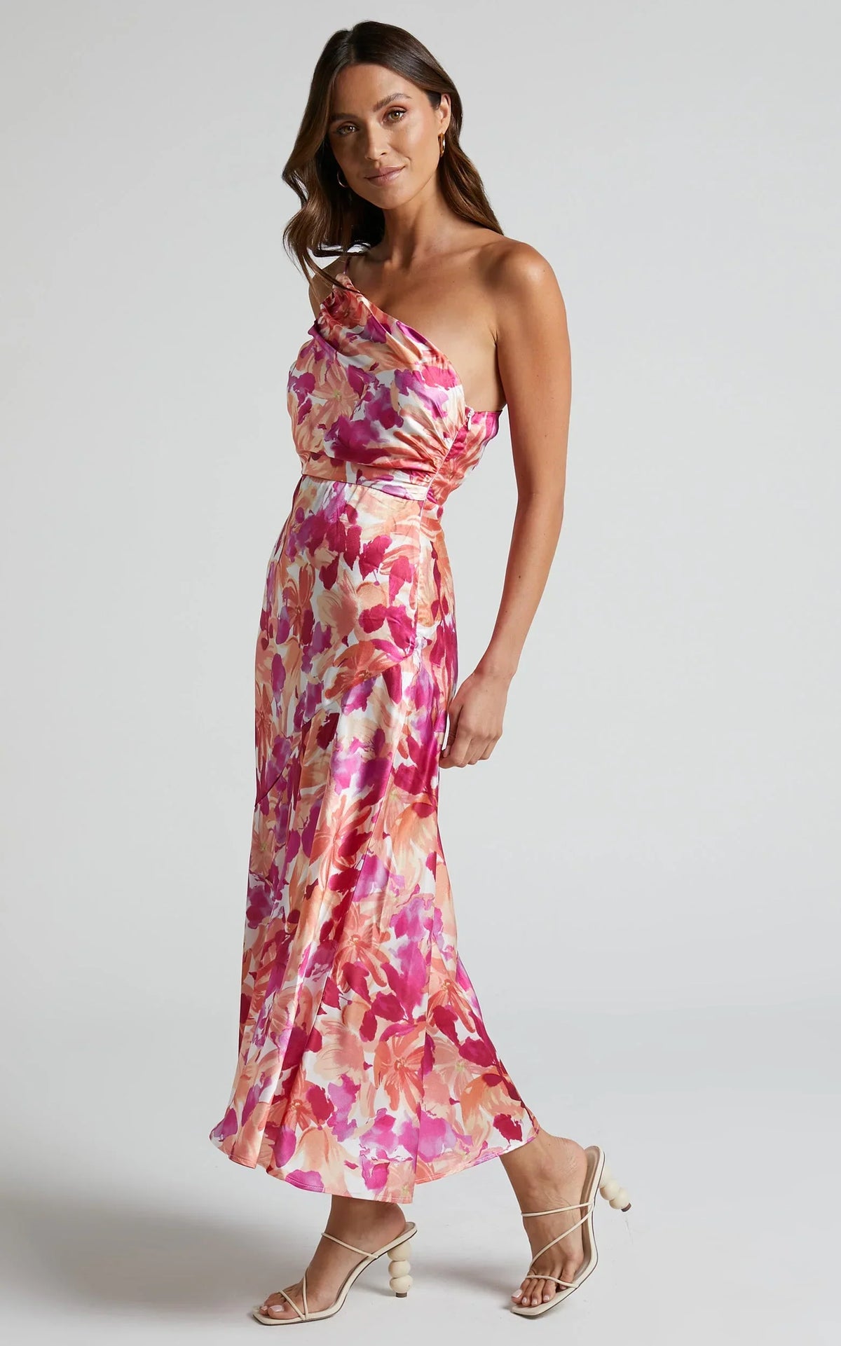 Alyssia Midi Dress - One Shoulder Ruched Satin Dress in Pink Floral